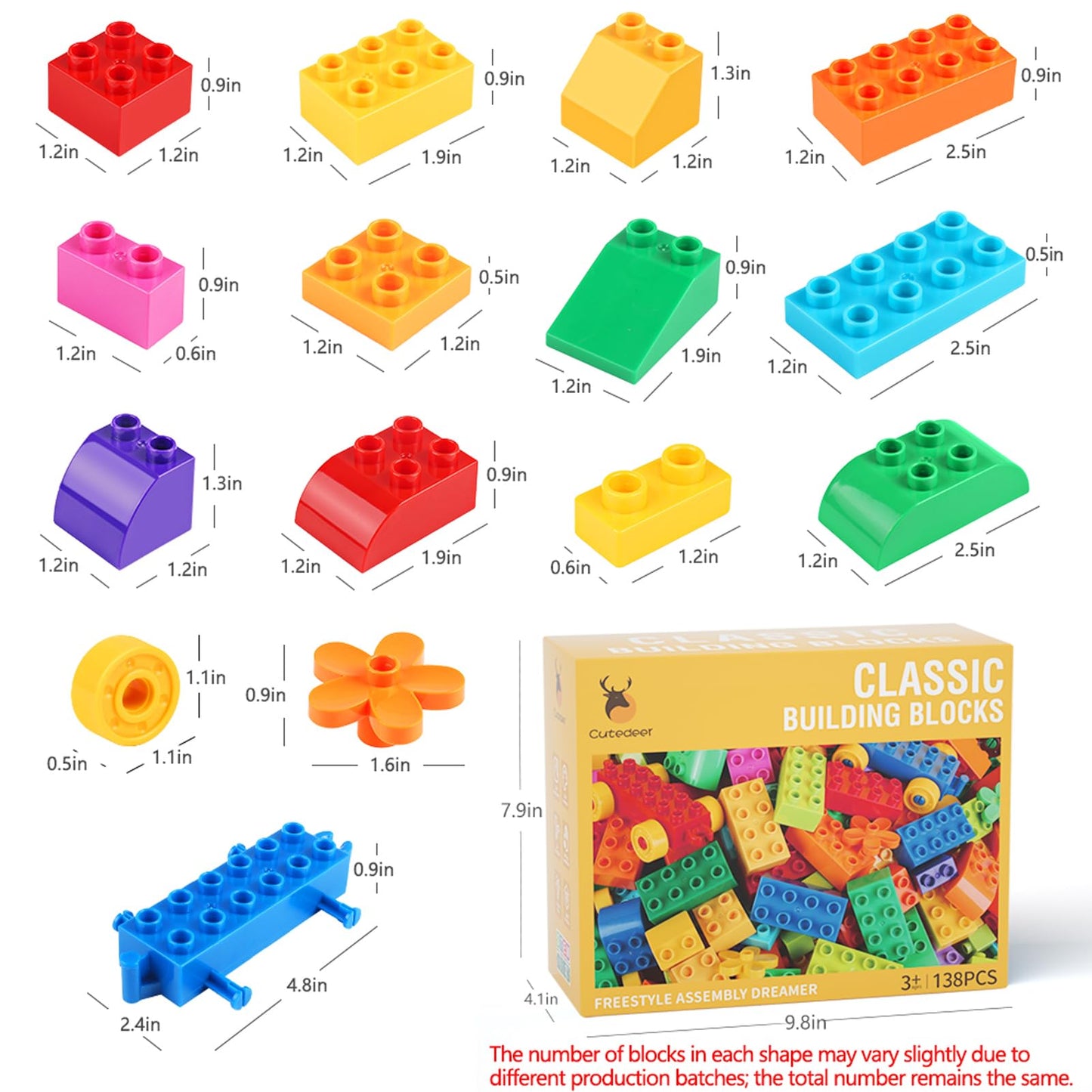 Cutedeer 138 Piece Building Blocks for Kids – Classic Large Bricks Set, Gift Box, Compatible with All Major Brands