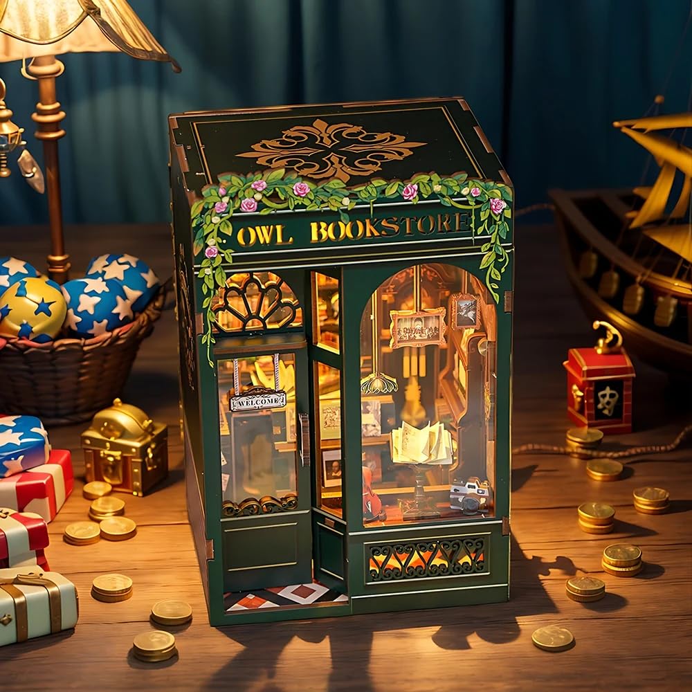 Cutefun Book Nook Kit - Owl Bookstore 3D Wooden Puzzle for Adults & Beginners | DIY Tiny House Decor