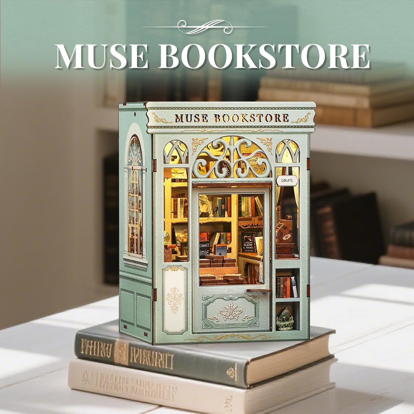 Cutefun Book Nook Kit – DIY 3D Miniature Dollhouse with LED Light (Muse Bookstore)