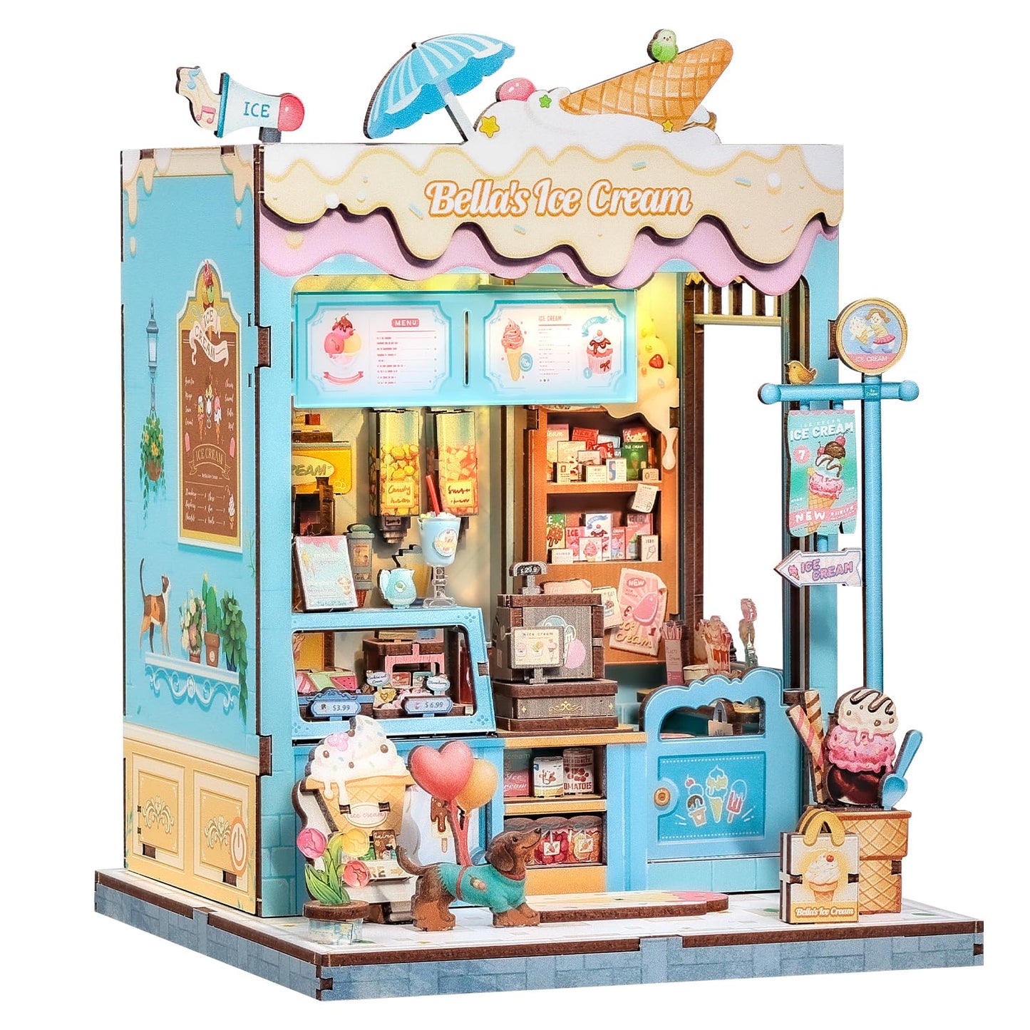 Cutefun Bella's Ice Cream Book Nook Kit – DIY Miniature Dollhouse with LED Shelf Light
