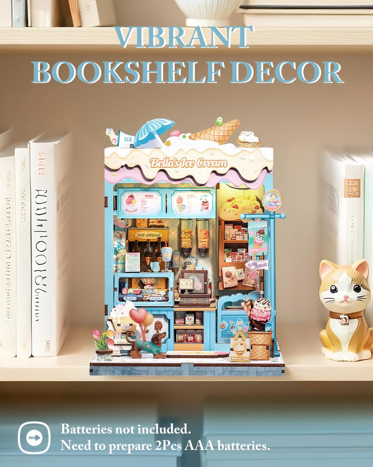 Cutefun Bella's Ice Cream Book Nook Kit – DIY Miniature Dollhouse with LED Shelf Light