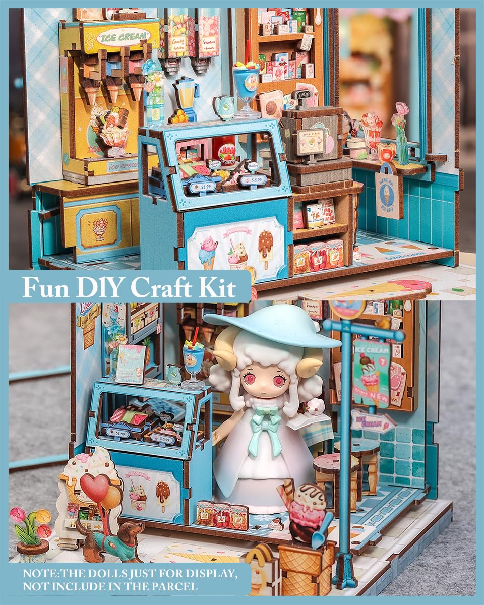 Cutefun Bella's Ice Cream Book Nook Kit – DIY Miniature Dollhouse with LED Shelf Light