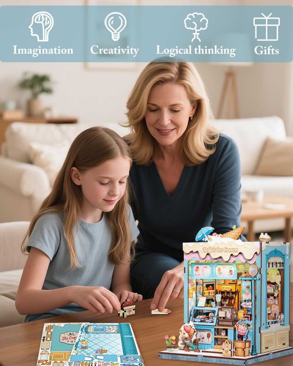 Cutefun Bella's Ice Cream Book Nook Kit – DIY Miniature Dollhouse with LED Shelf Light