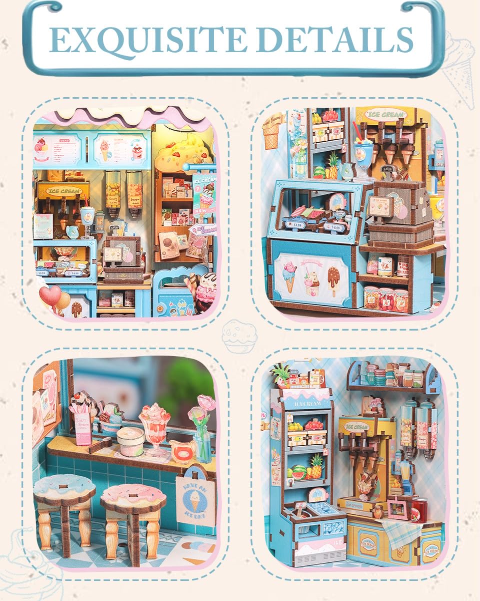 Cutefun Bella's Ice Cream Book Nook Kit – DIY Miniature Dollhouse with LED Shelf Light