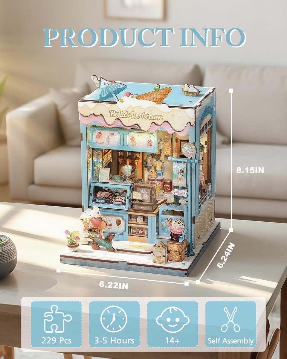 Cutefun Bella's Ice Cream Book Nook Kit – DIY Miniature Dollhouse with LED Shelf Light