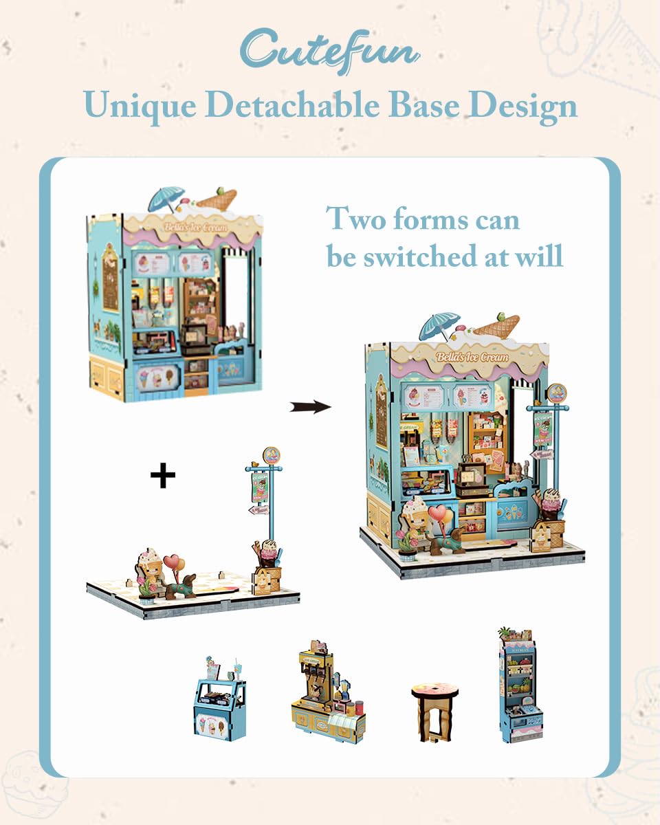 Cutefun Bella's Ice Cream Book Nook Kit – DIY Miniature Dollhouse with LED Shelf Light