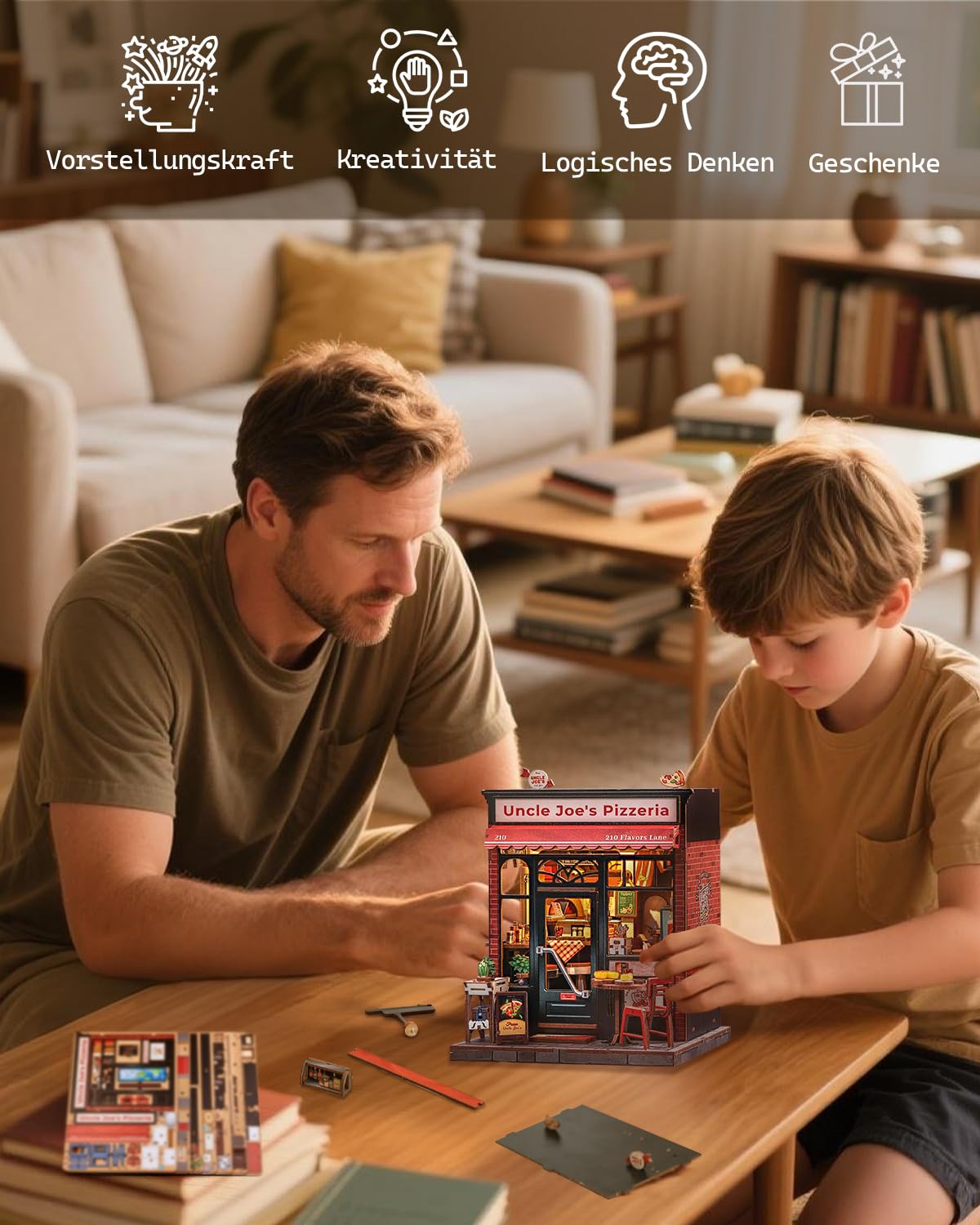 Cutefun Book Nook Kit – DIY Miniature Uncle Joe's Pizzeria with LED Bookshelf Insert