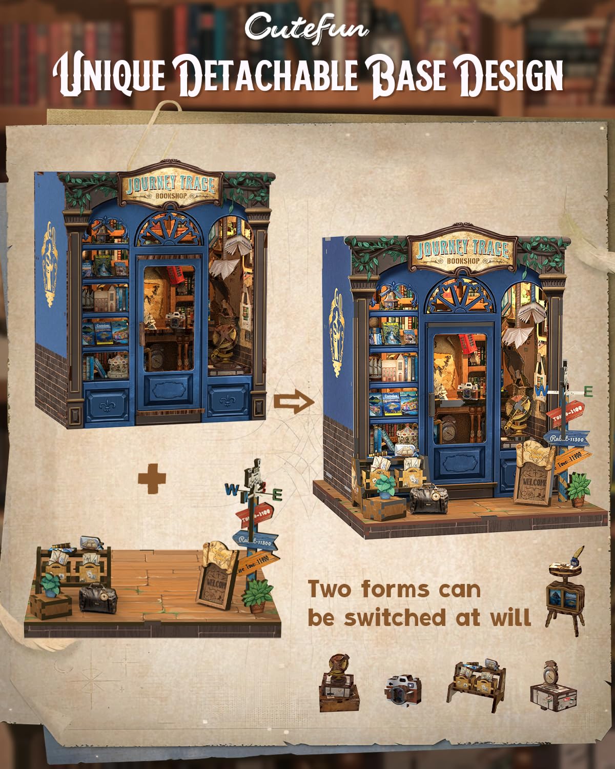 Cutefun Book Nook Kit – DIY Miniature Dollhouse with LED Light | Journey Trace Bookshop