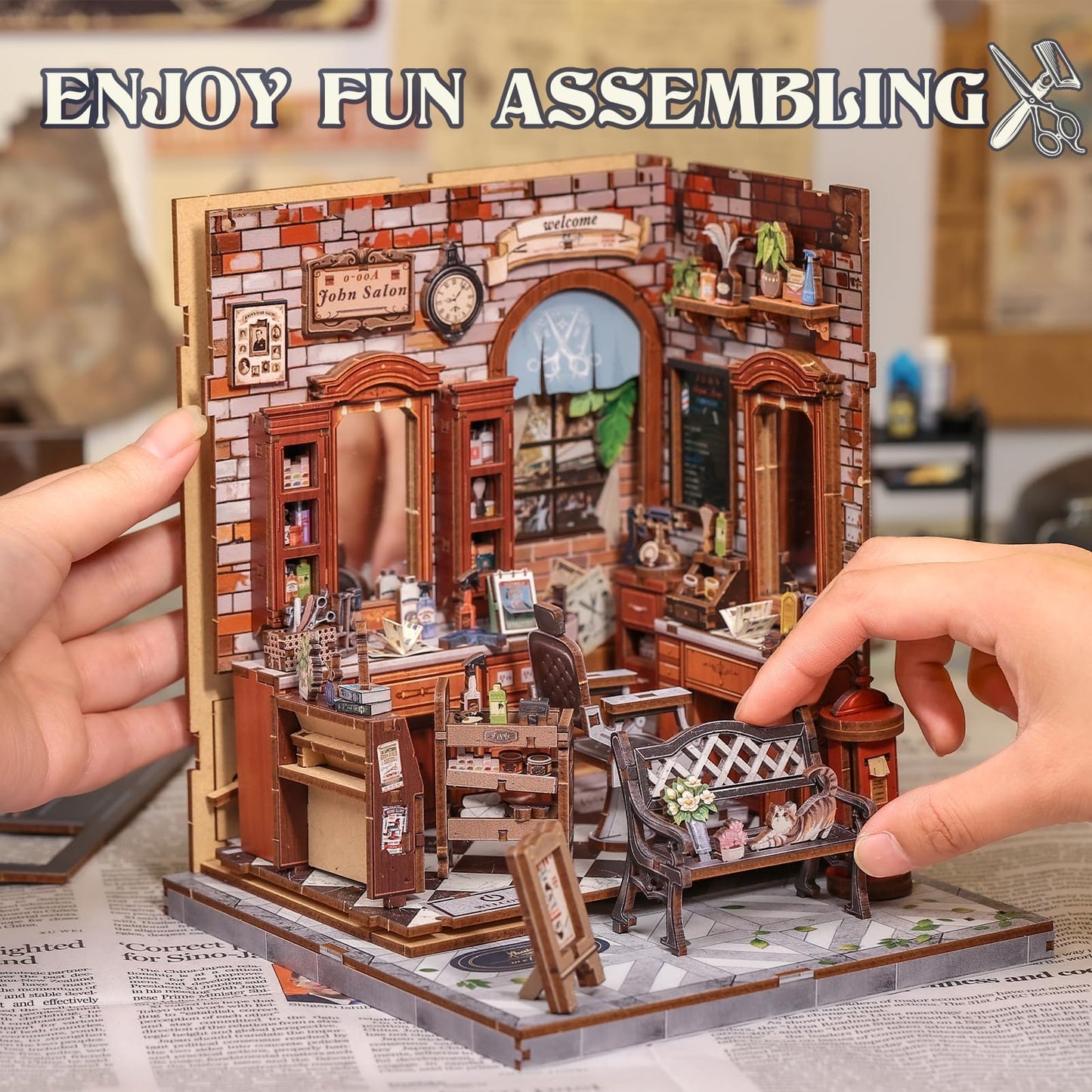 Cutefun Book Nook Kit – DIY Retro Barbershop Mini House with LED Bookshelf Insert