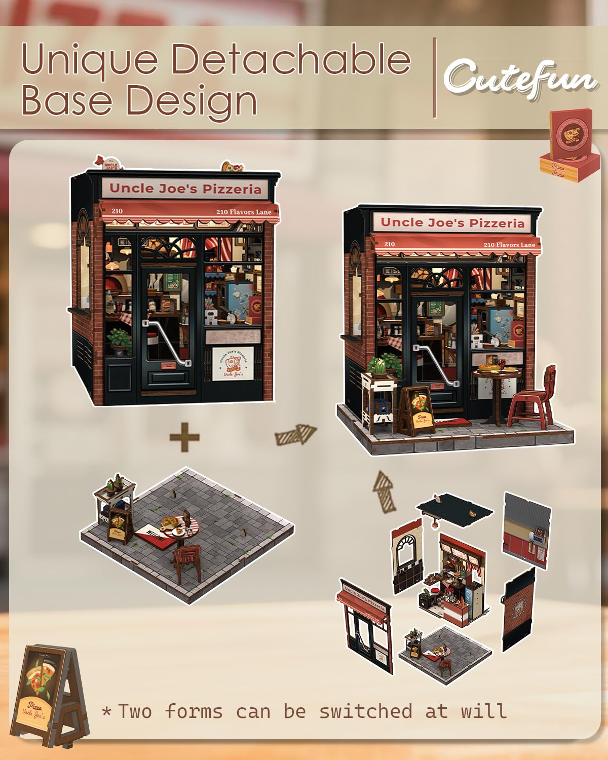 Cutefun Book Nook Kit – DIY Miniature Uncle Joe's Pizzeria with LED Bookshelf Insert