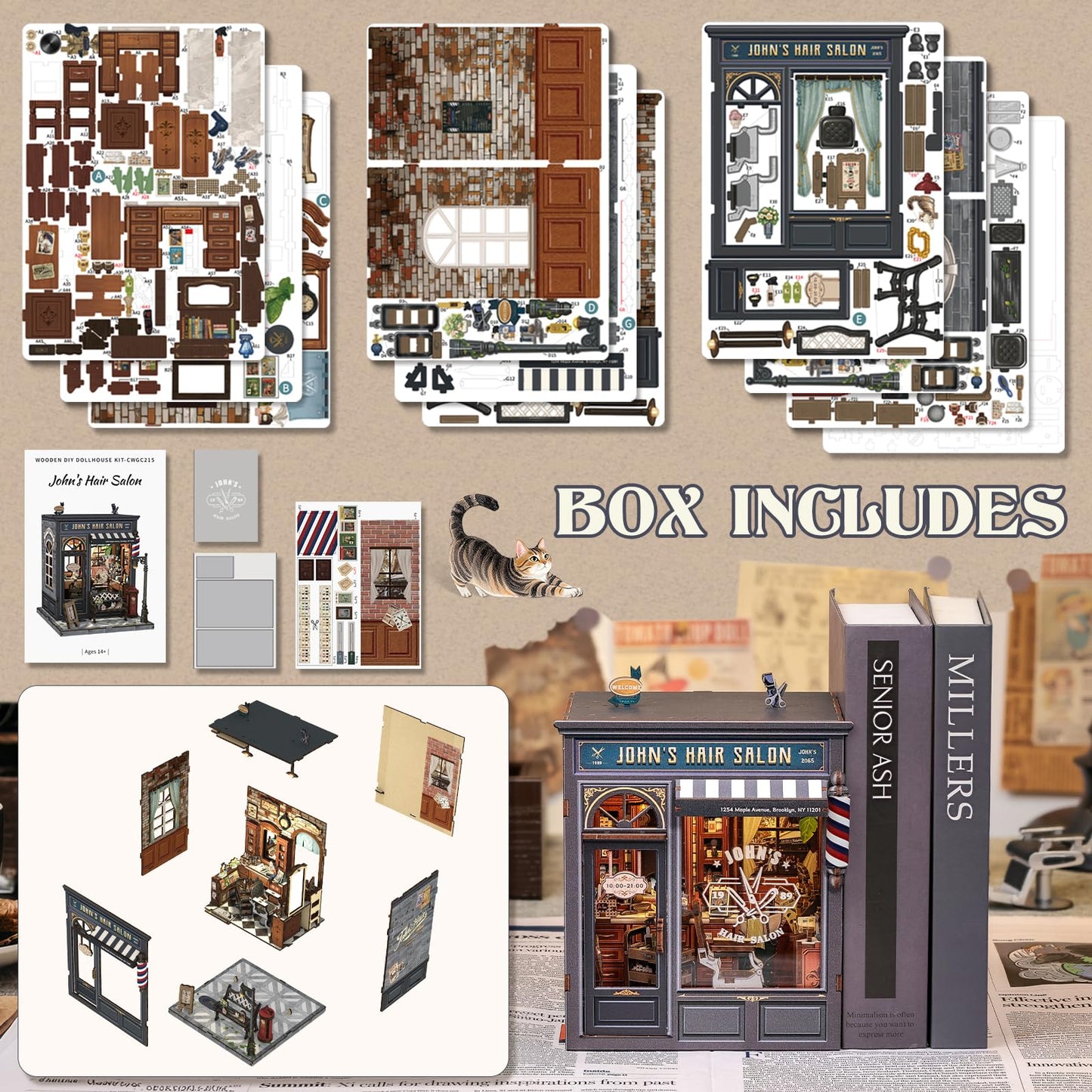 Cutefun Book Nook Kit – DIY Retro Barbershop Mini House with LED Bookshelf Insert