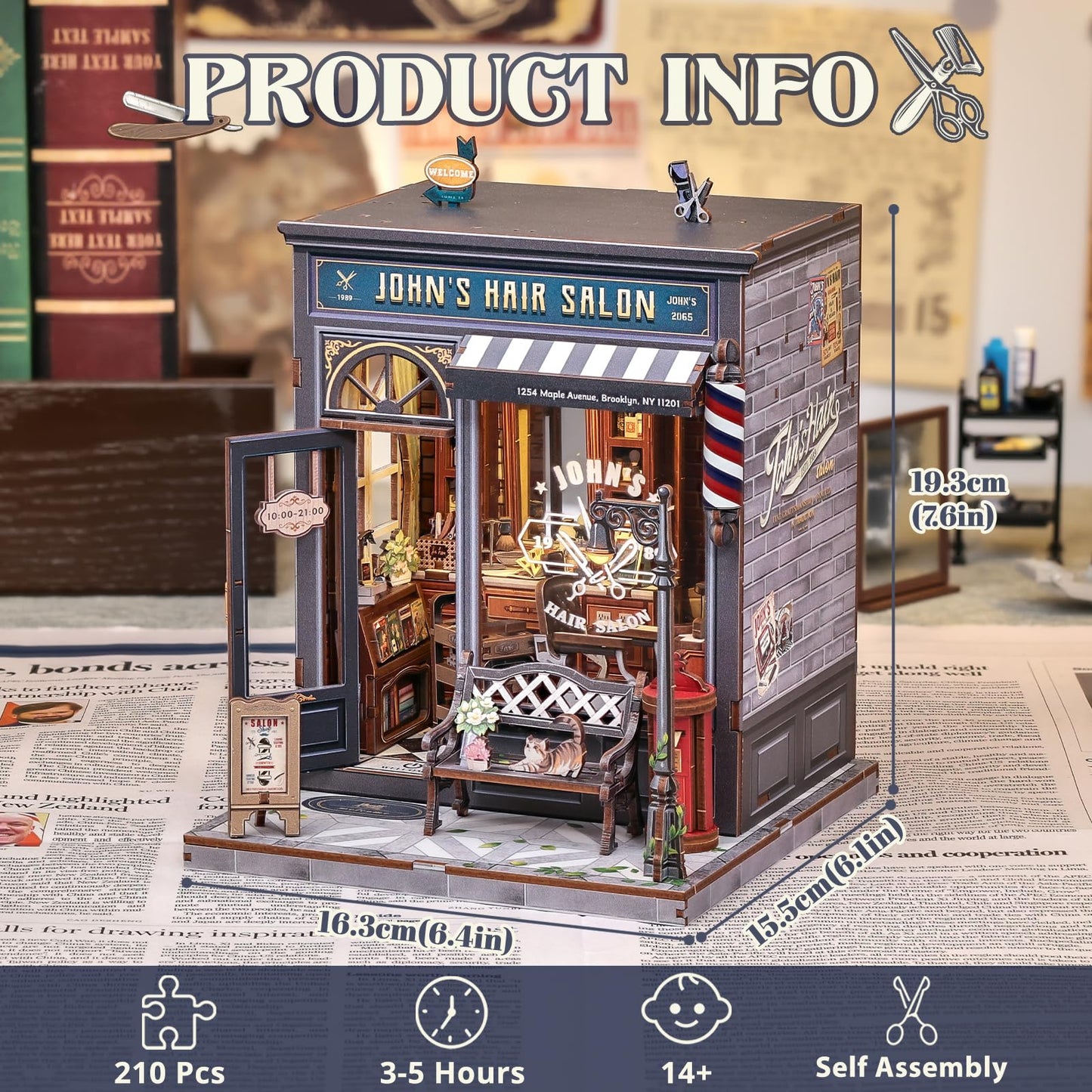 Cutefun Book Nook Kit – DIY Retro Barbershop Mini House with LED Bookshelf Insert