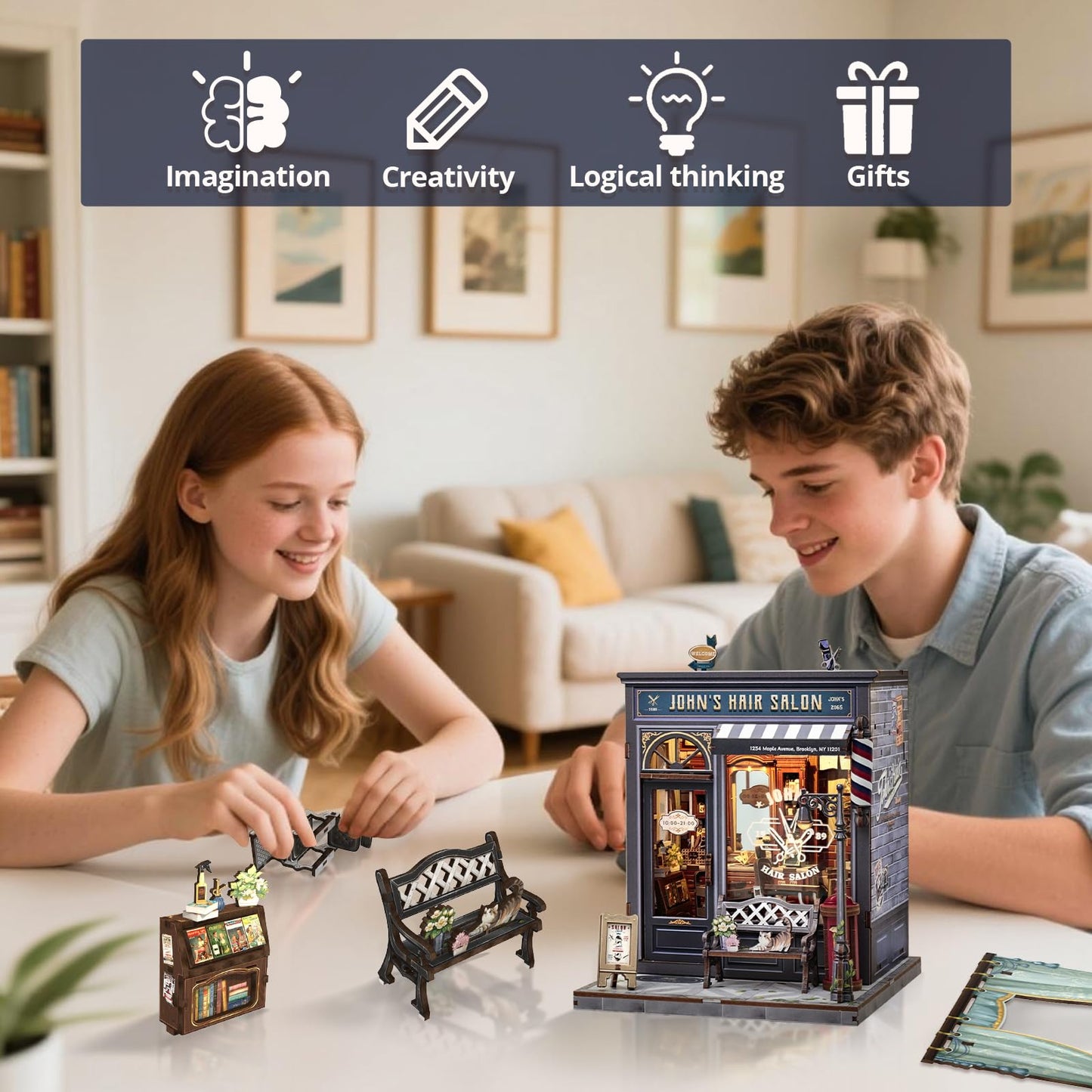 Cutefun Book Nook Kit – DIY Retro Barbershop Mini House with LED Bookshelf Insert