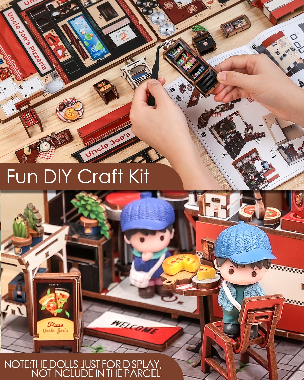 Cutefun Book Nook Kit – DIY Miniature Uncle Joe's Pizzeria with LED Bookshelf Insert