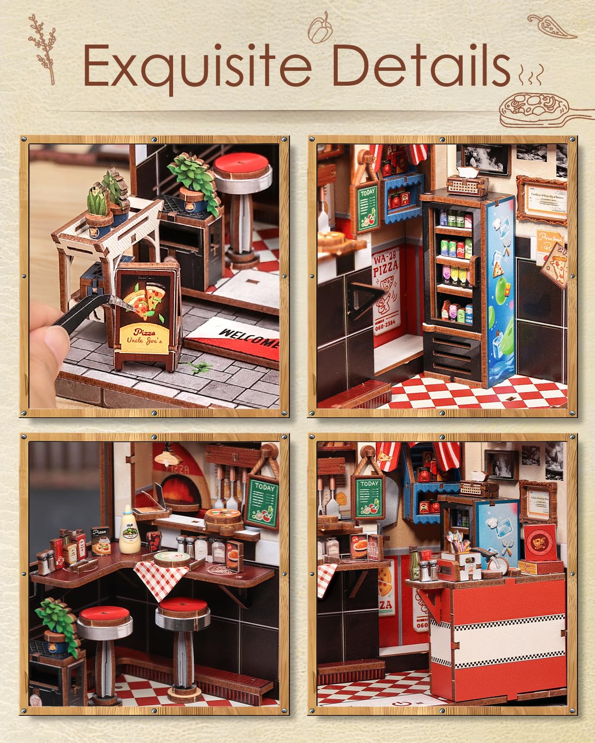 Cutefun Book Nook Kit – DIY Miniature Uncle Joe's Pizzeria with LED Bookshelf Insert