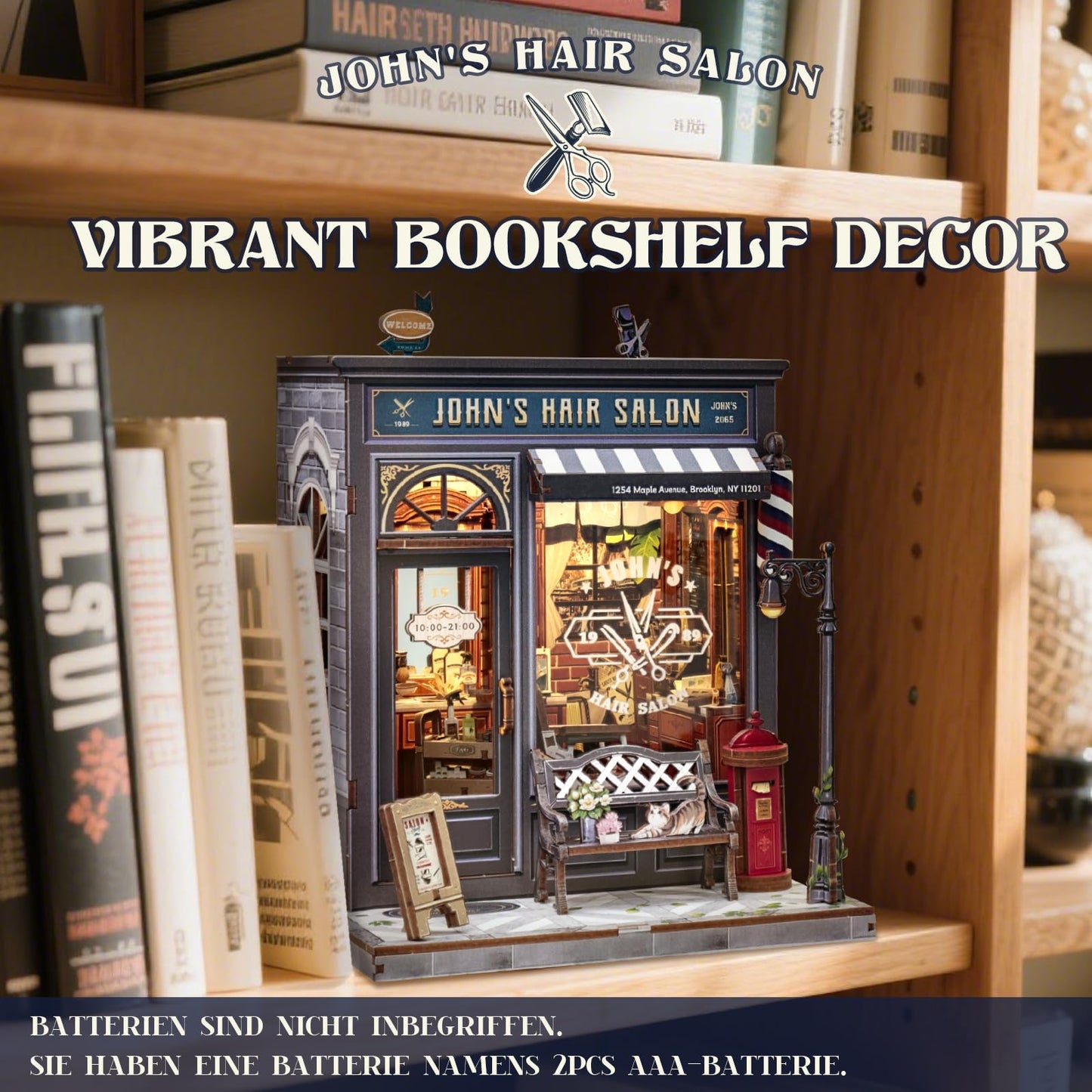 Cutefun Book Nook Kit – DIY Retro Barbershop Mini House with LED Bookshelf Insert