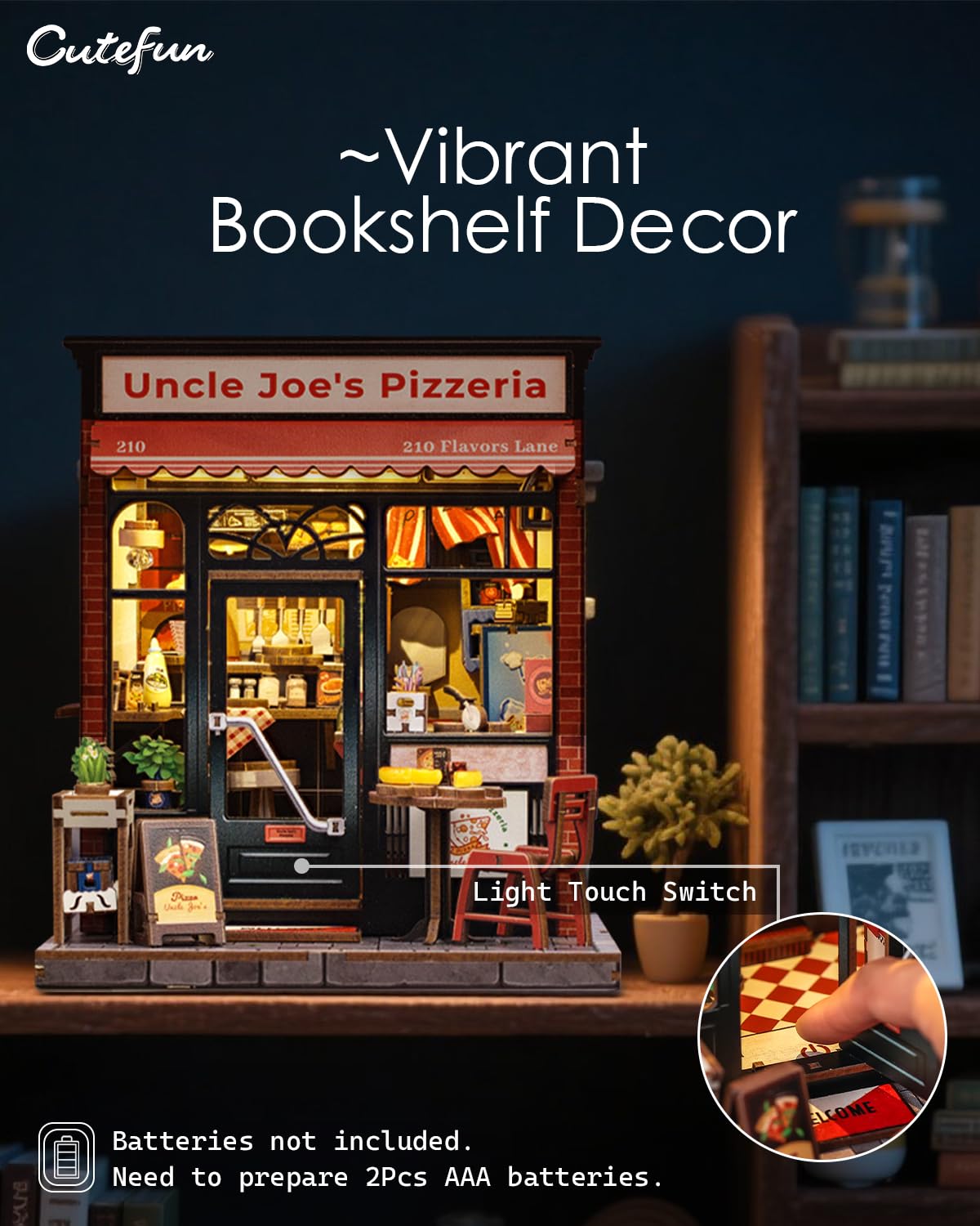 Cutefun Book Nook Kit – DIY Miniature Uncle Joe's Pizzeria with LED Bookshelf Insert