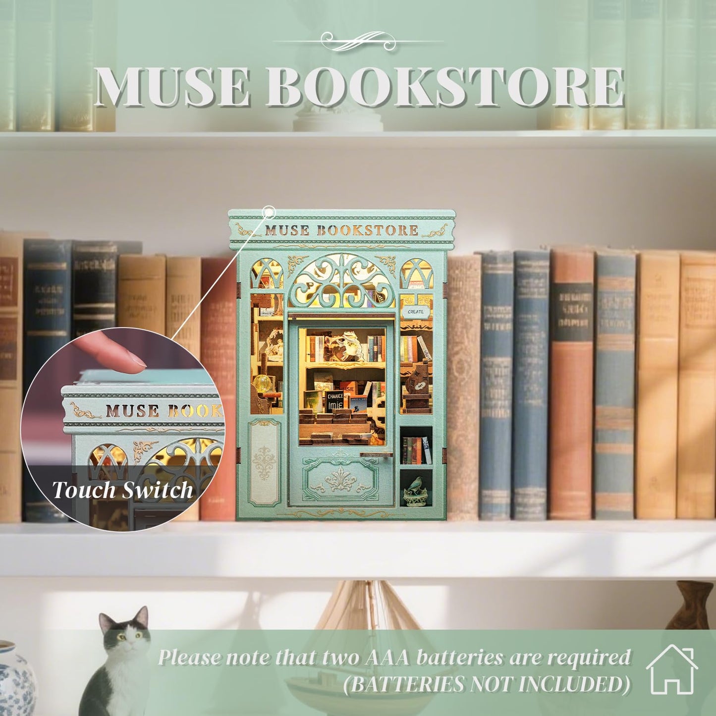 Cutefun Book Nook Kit – DIY 3D Miniature Dollhouse with LED Light (Muse Bookstore)