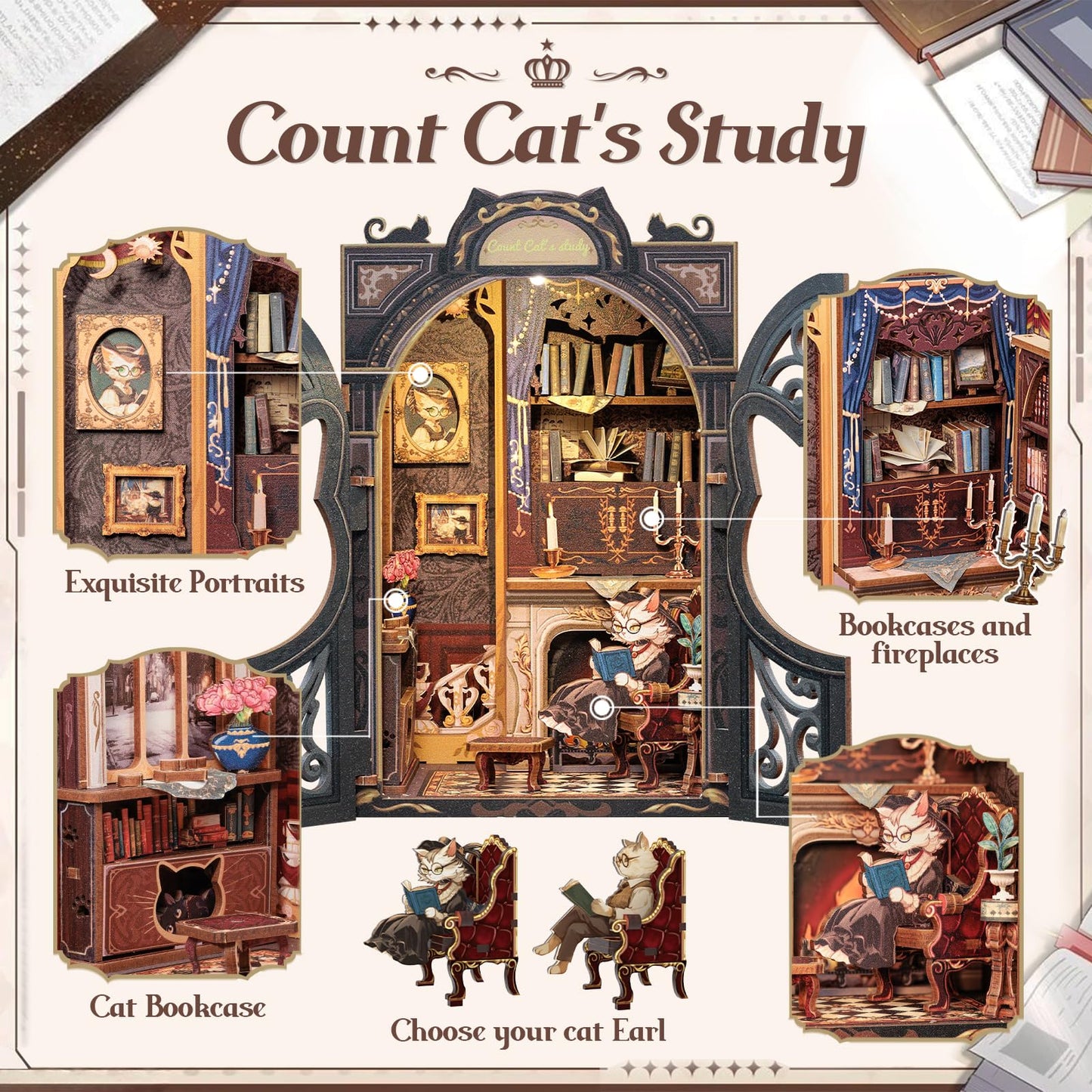 Cutefun Book Nook Kit – DIY Miniature Dollhouse (Count Cat's Study) – Ideal Gift
