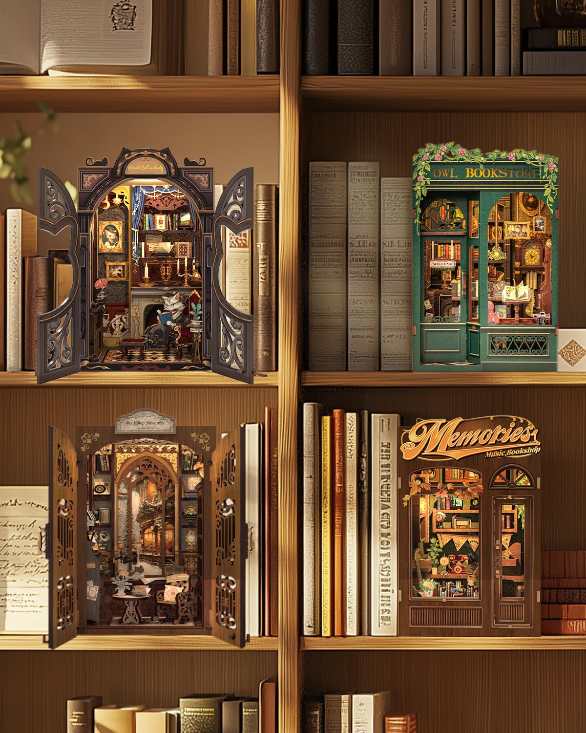 Cutefun Book Nook Kit - Owl Bookstore 3D Wooden Puzzle for Adults & Beginners | DIY Tiny House Decor