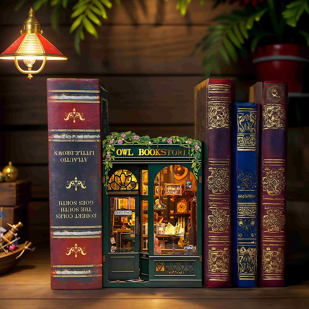 Cutefun Book Nook Kit - Owl Bookstore 3D Wooden Puzzle for Adults & Beginners | DIY Tiny House Decor