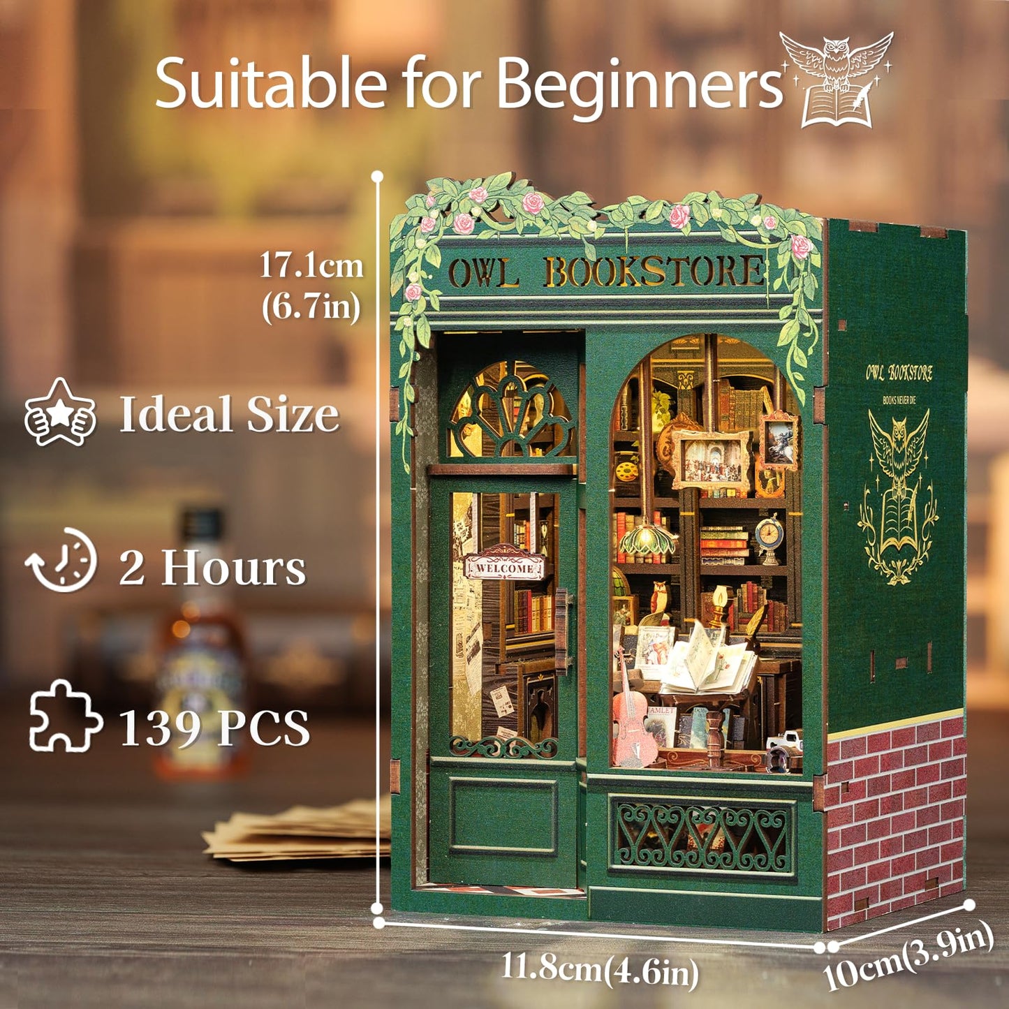 Cutefun Book Nook Kit - Owl Bookstore 3D Wooden Puzzle for Adults & Beginners | DIY Tiny House Decor
