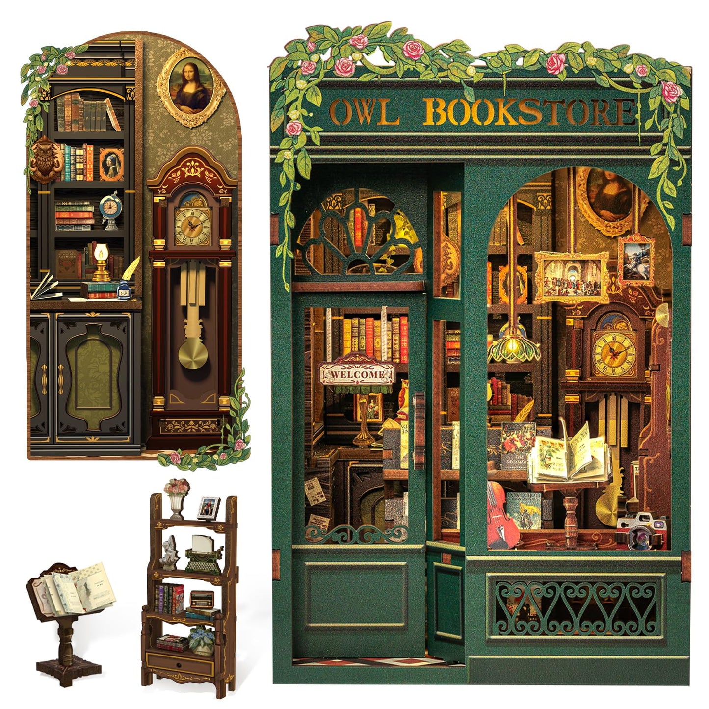 Cutefun Book Nook Kit - Owl Bookstore 3D Wooden Puzzle for Adults & Beginners | DIY Tiny House Decor