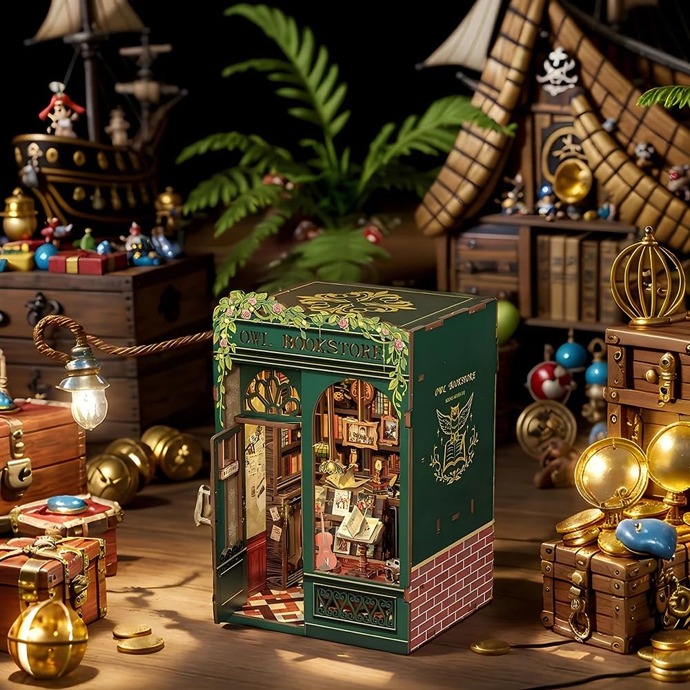 Cutefun Book Nook Kit - Owl Bookstore 3D Wooden Puzzle for Adults & Beginners | DIY Tiny House Decor