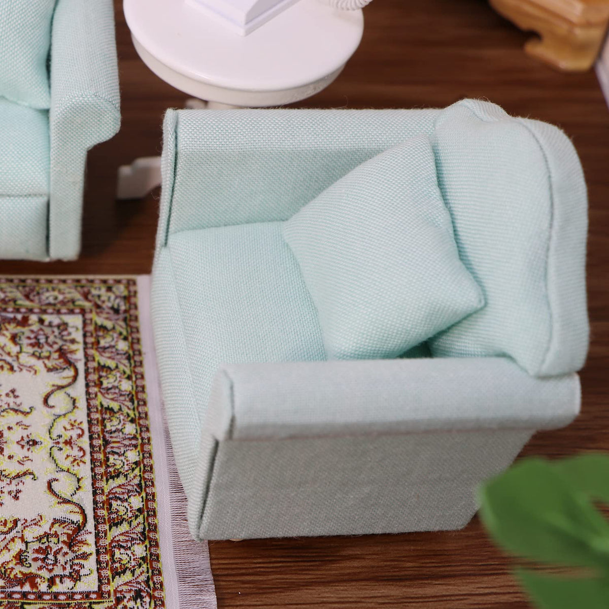 Cutemini Dollhouse Couch with Pillow - 1:12 Scale Green Mini Sofa with Wooden Frame