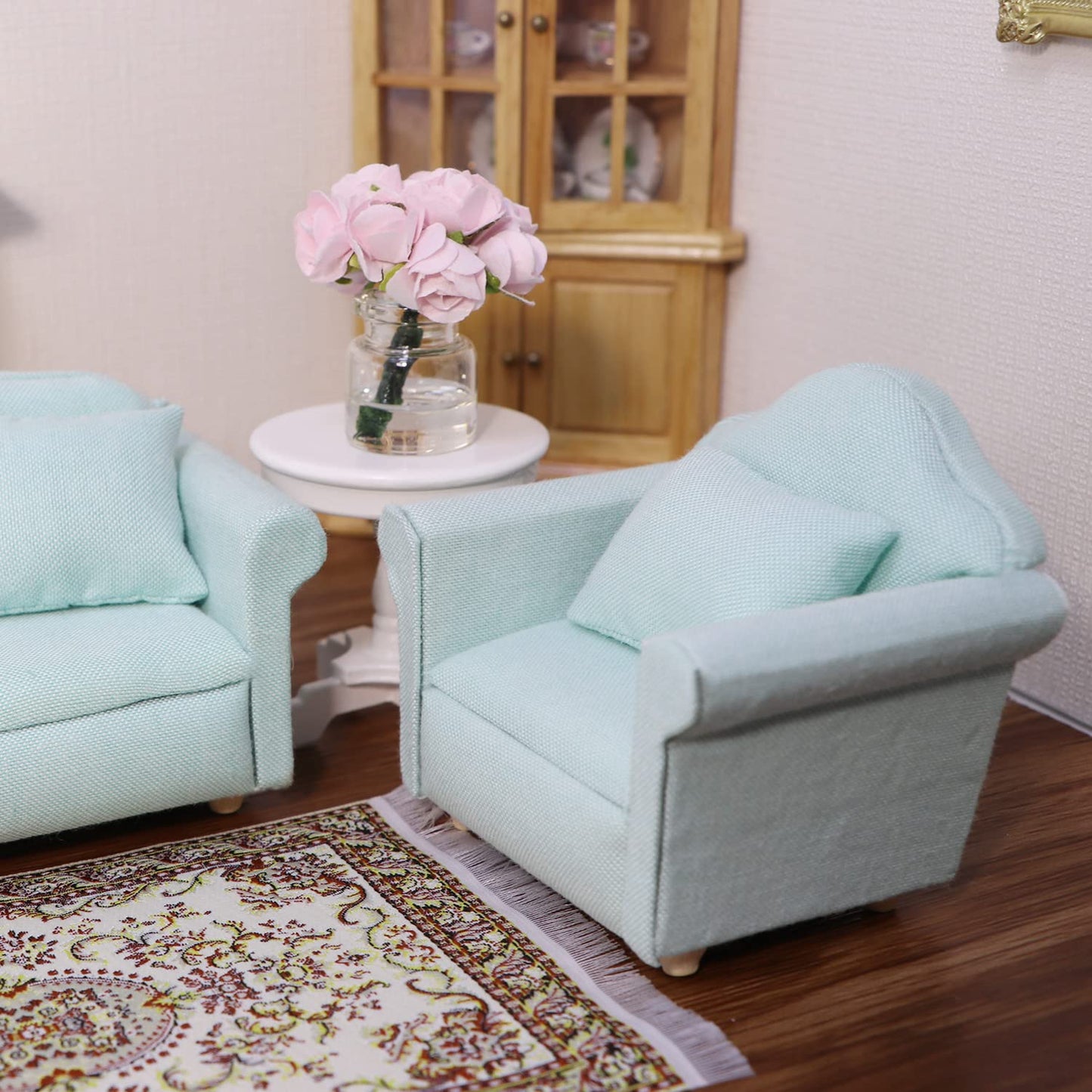 Cutemini Dollhouse Couch with Pillow - 1:12 Scale Green Mini Sofa with Wooden Frame