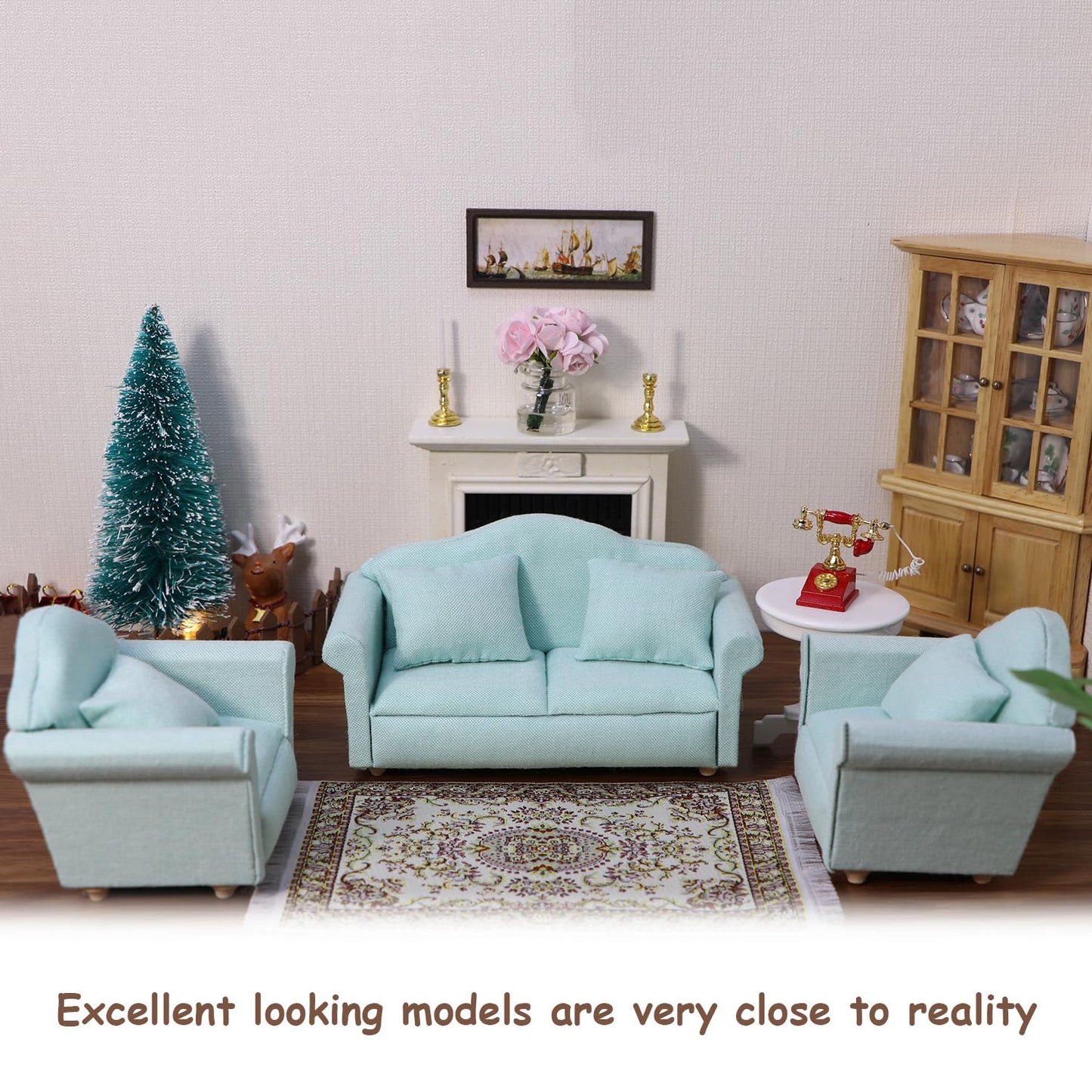 Cutemini Dollhouse Couch with Pillow - 1:12 Scale Green Mini Sofa with Wooden Frame