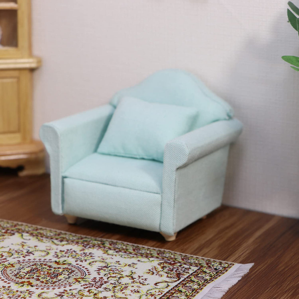 Cutemini Dollhouse Couch with Pillow - 1:12 Scale Green Mini Sofa with Wooden Frame