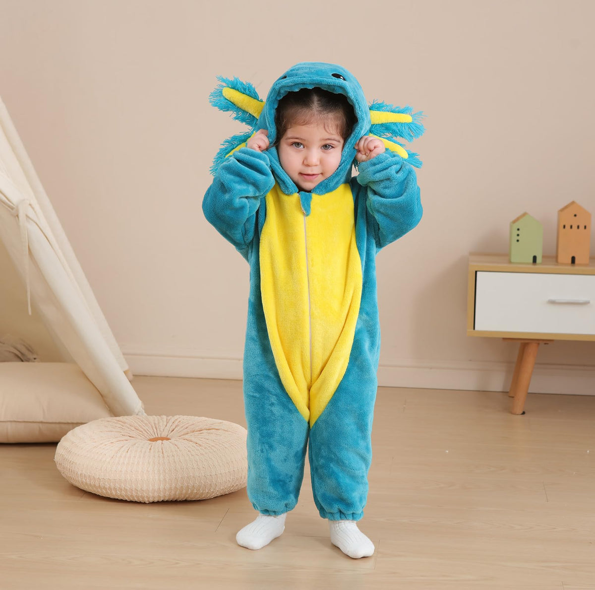 CuteOn Axolotl Toddler Costume Onesie - Blue Flannel Baby Romper (18-24M)