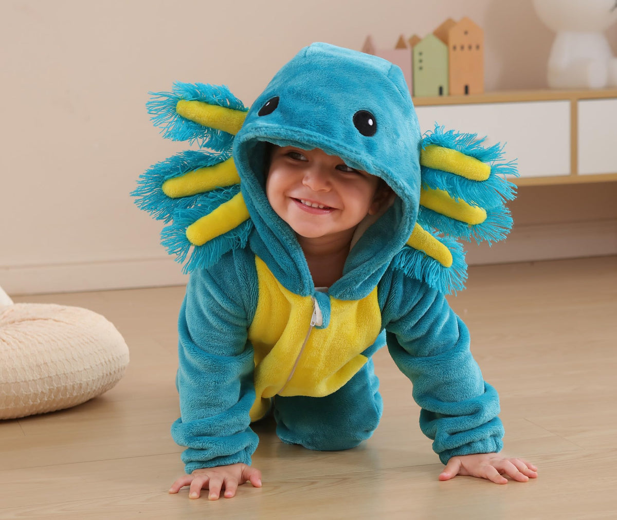 CuteOn Axolotl Toddler Costume Onesie - Blue Flannel Baby Romper (18-24M)