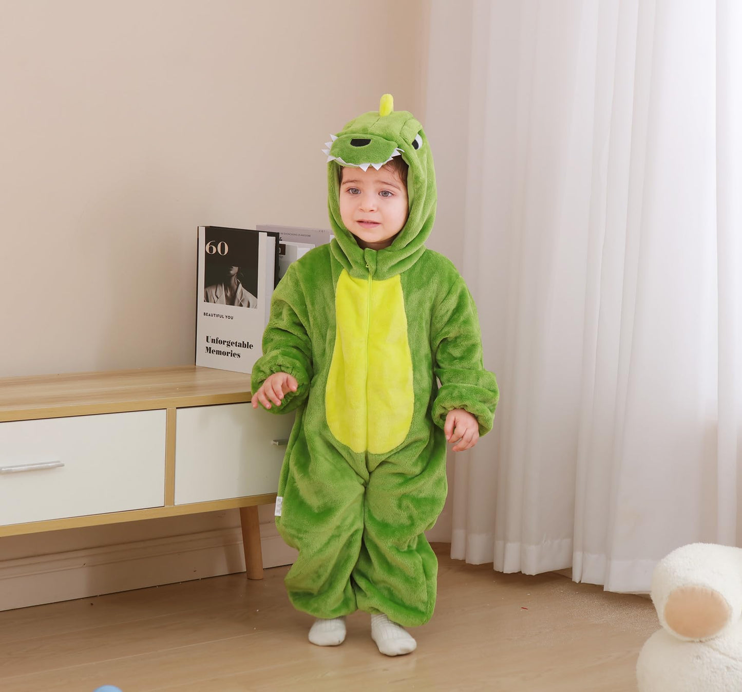 CuteOn Toddler Green Dinosaur Costume Onesie - Cozy Flannel Romper for Halloween & Christmas (2-3 Years)