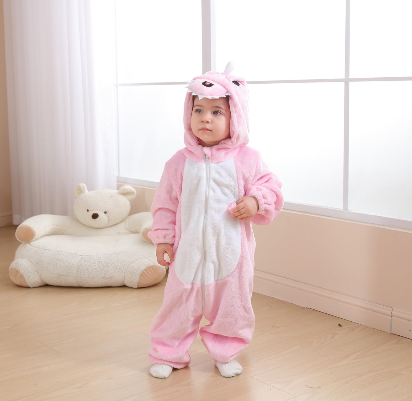 CuteOn Toddler Pink Dinosaur Costume Onesie – Flannel Baby Romper 6-12 Months
