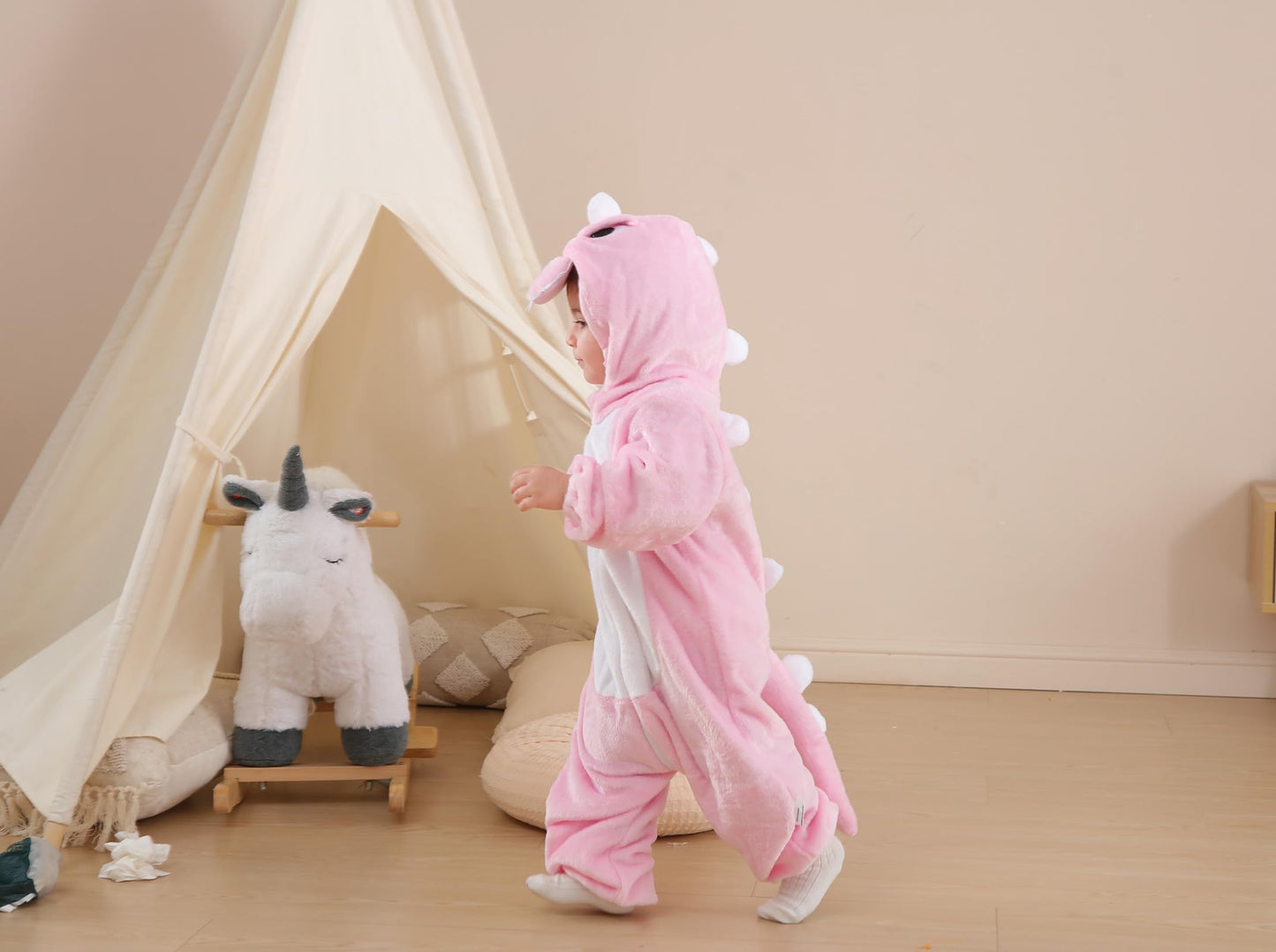 CuteOn Toddler Pink Dinosaur Costume Onesie – Flannel Baby Romper 6-12 Months