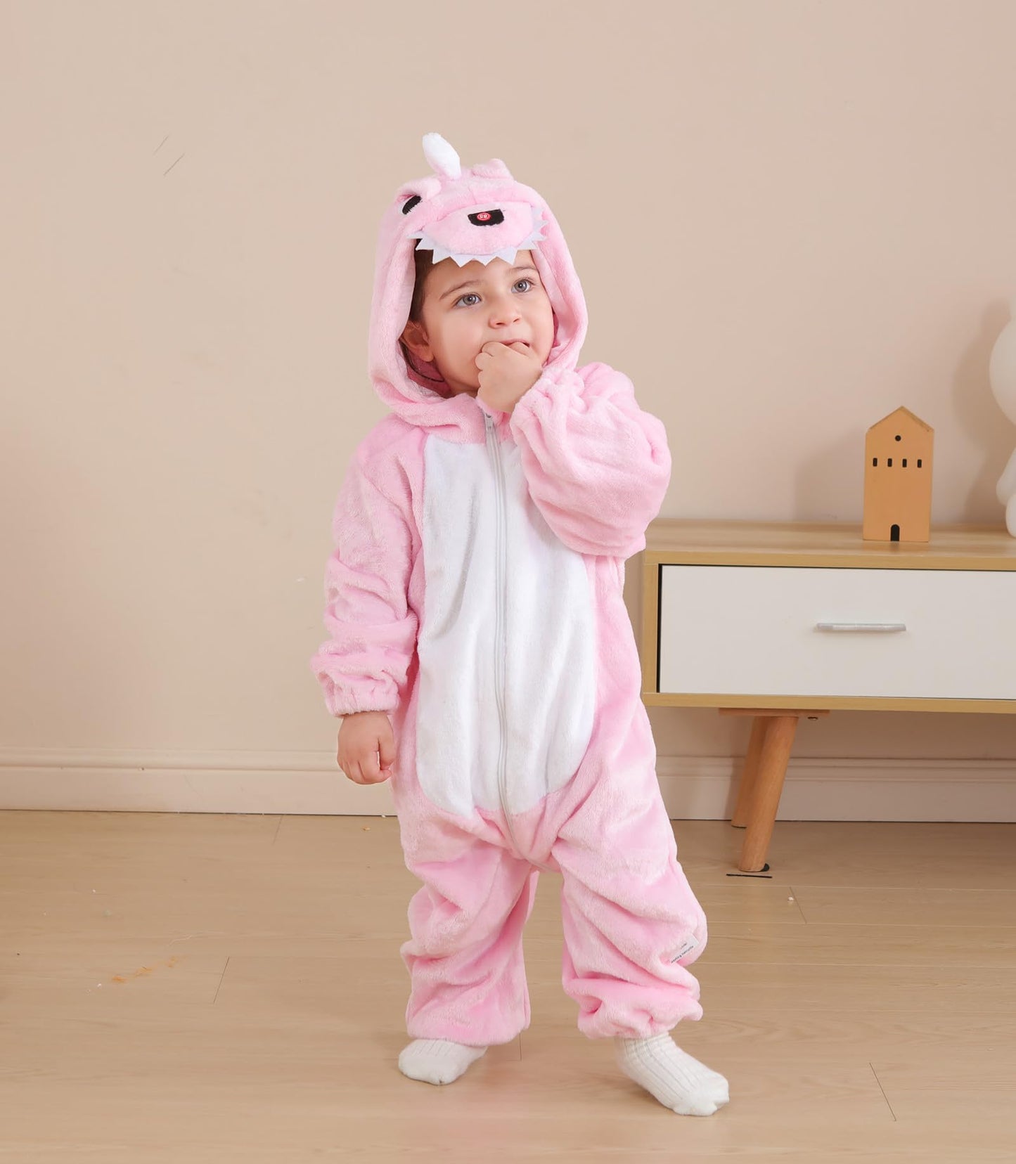 CuteOn Toddler Pink Dinosaur Costume Onesie – Flannel Baby Romper 6-12 Months