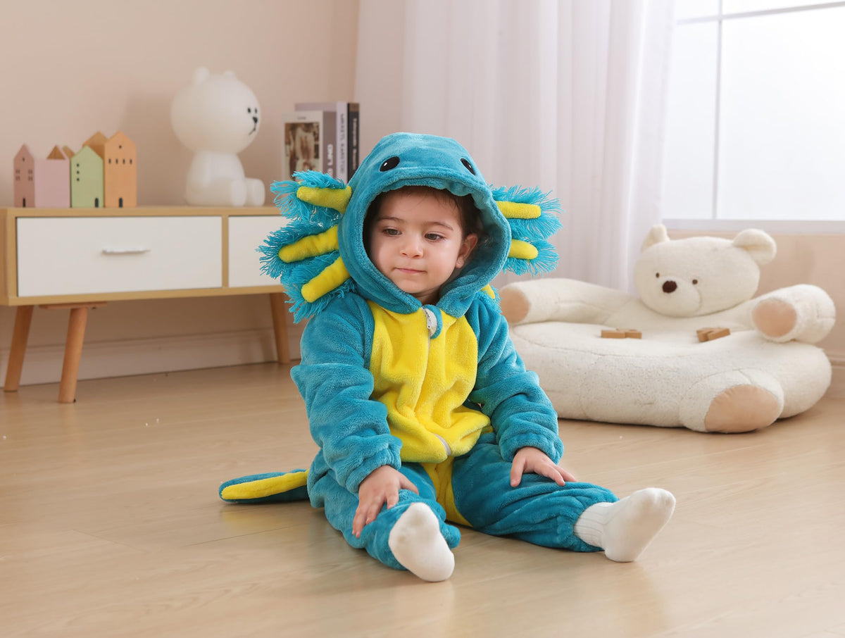 CuteOn Axolotl Toddler Costume Onesie - Blue Flannel Baby Romper (18-24M)