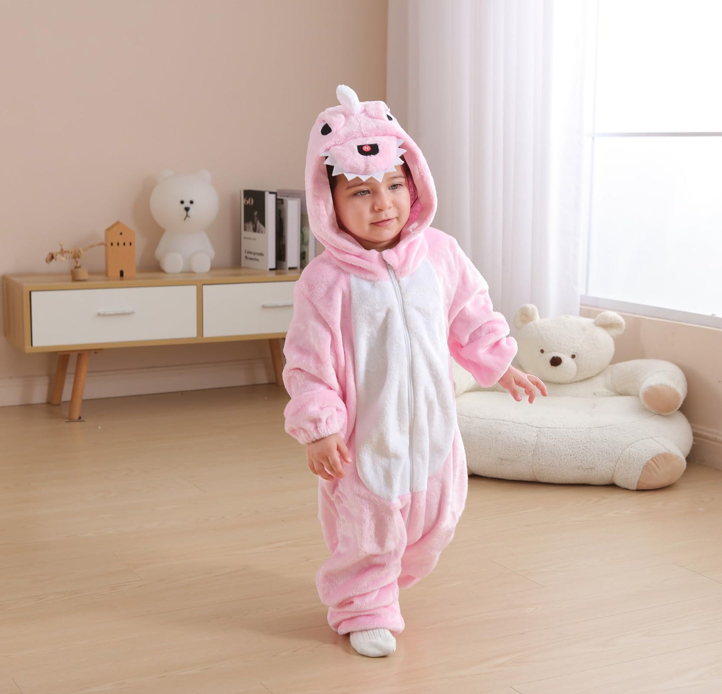 CuteOn Toddler Pink Dinosaur Costume Onesie – Flannel Baby Romper 6-12 Months