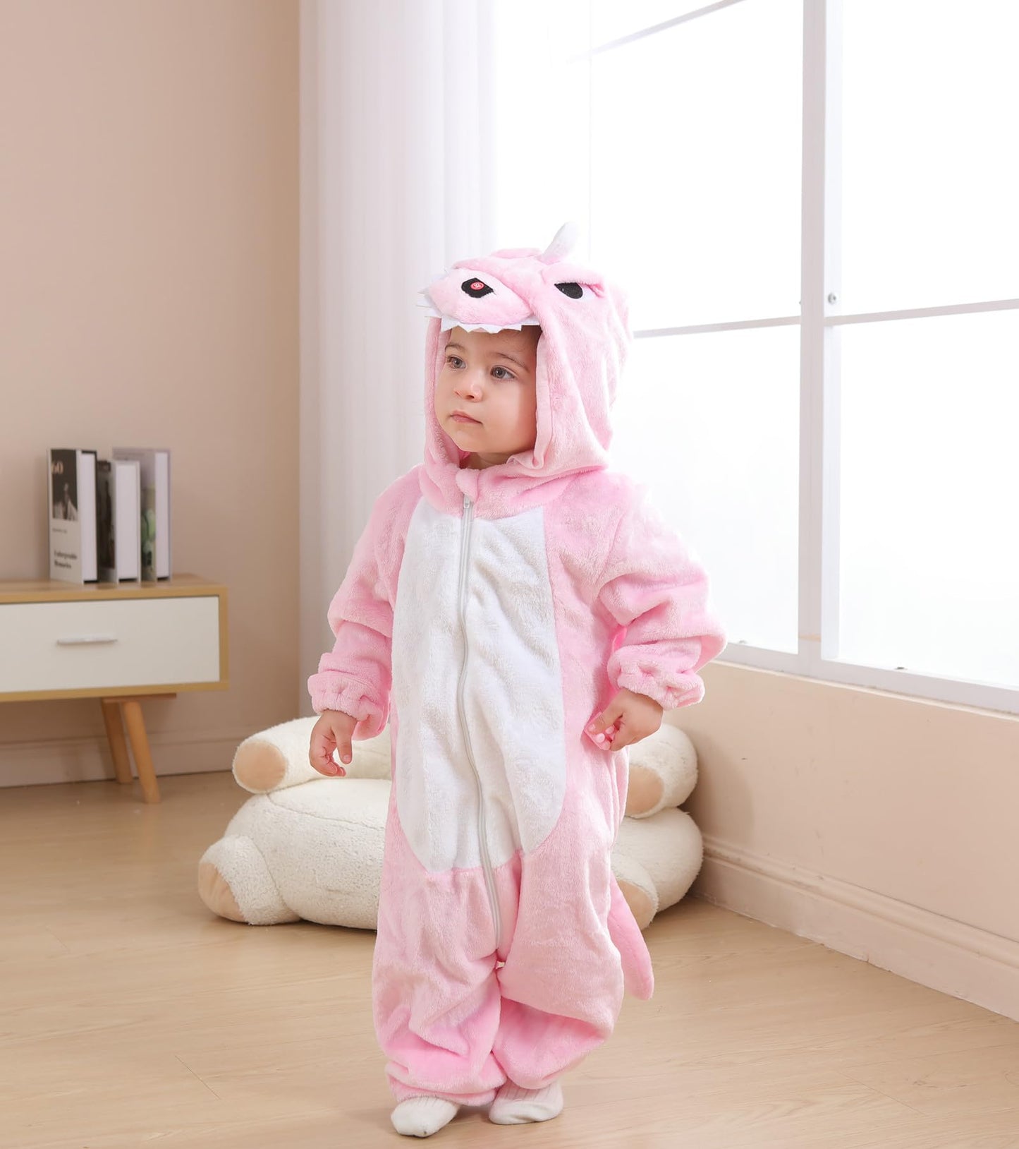 CuteOn Toddler Pink Dinosaur Costume Onesie – Flannel Baby Romper 6-12 Months
