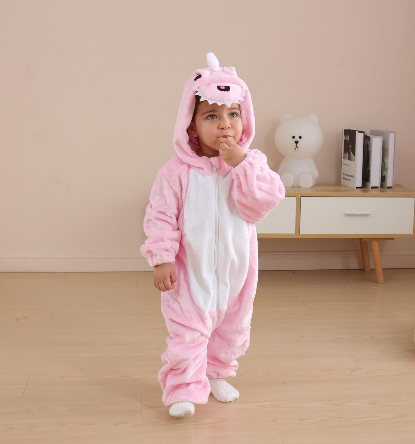 CuteOn Toddler Pink Dinosaur Costume Onesie – Flannel Baby Romper 6-12 Months