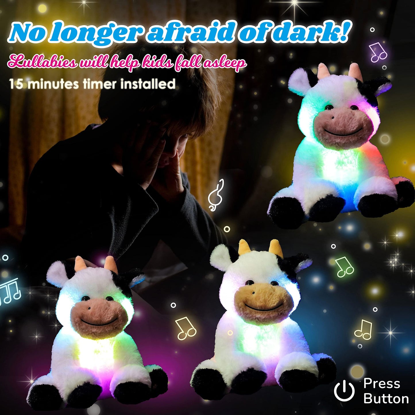 Cuteoy Glowing LED Cow Nightlight Plush Toy with Lullabies for Kids
