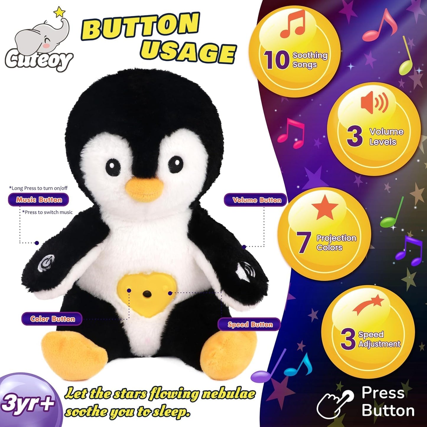 Cuteoy Penguin Star Projector Plush Night Light – Soothing Lullabies & Moon Projection