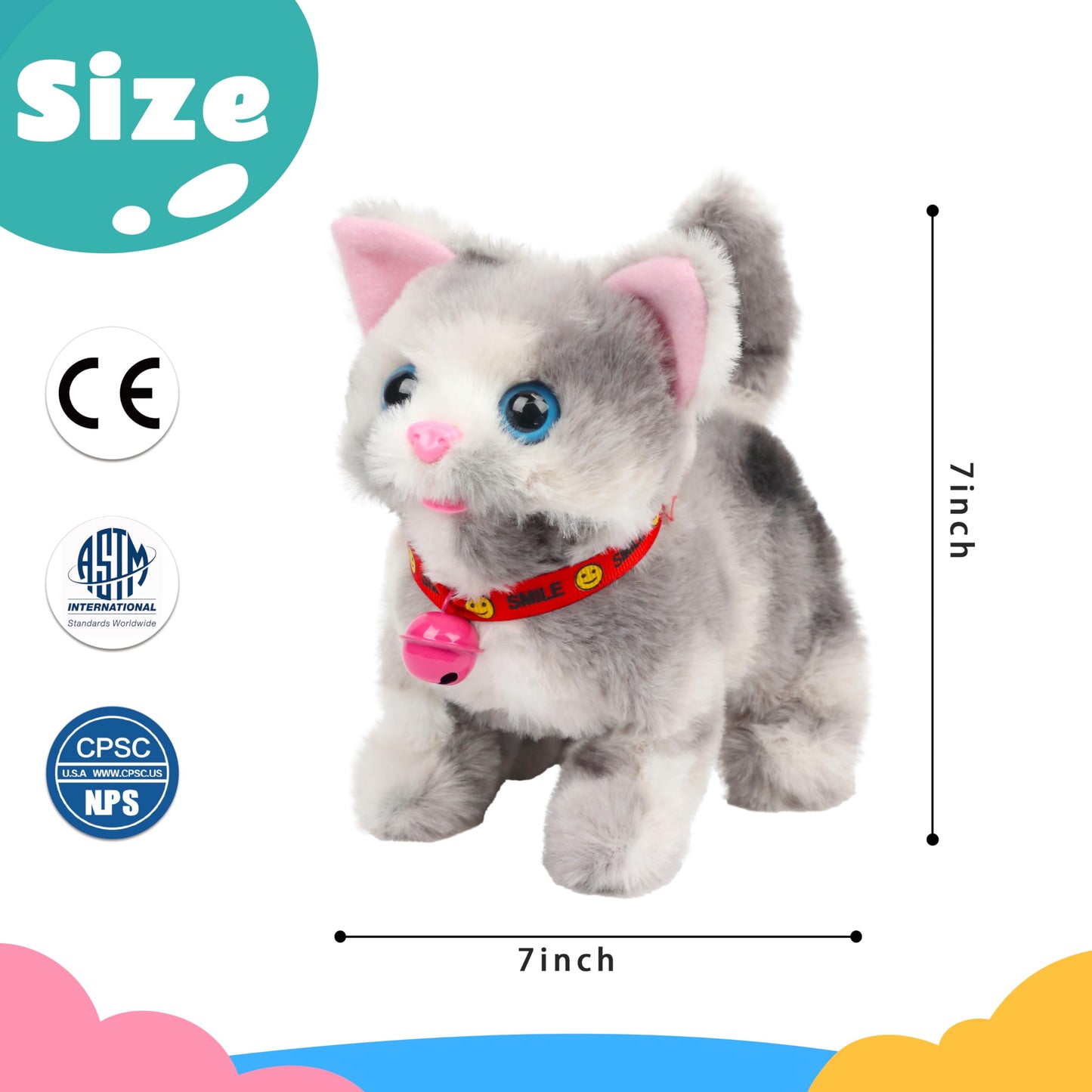 Cuteoy Walking Grey Cat Plush - Interactive 7-Inch Talking Kitty Toy