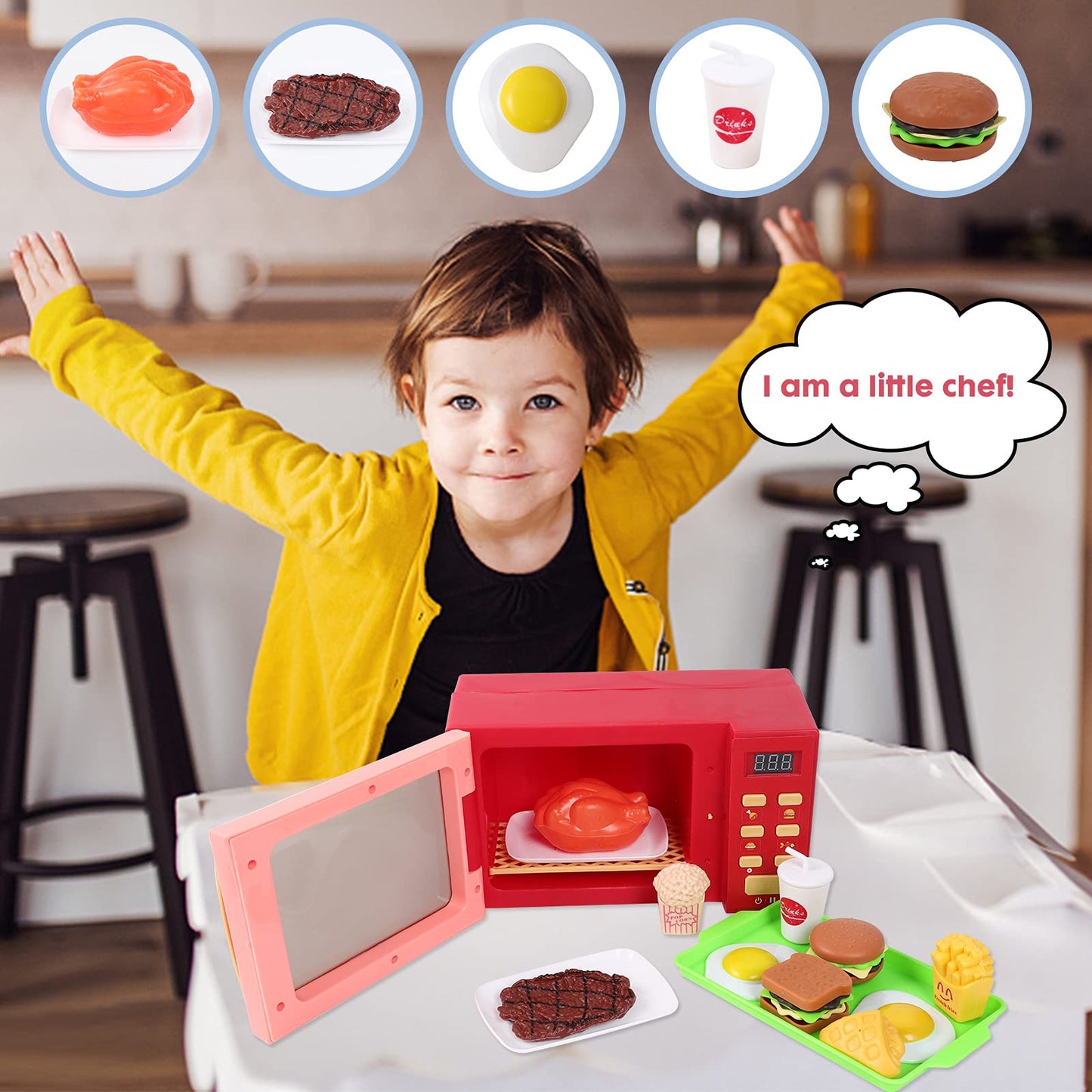Cuterabit Toy Microwave Oven Playset – Red with Light and Sound for Kids