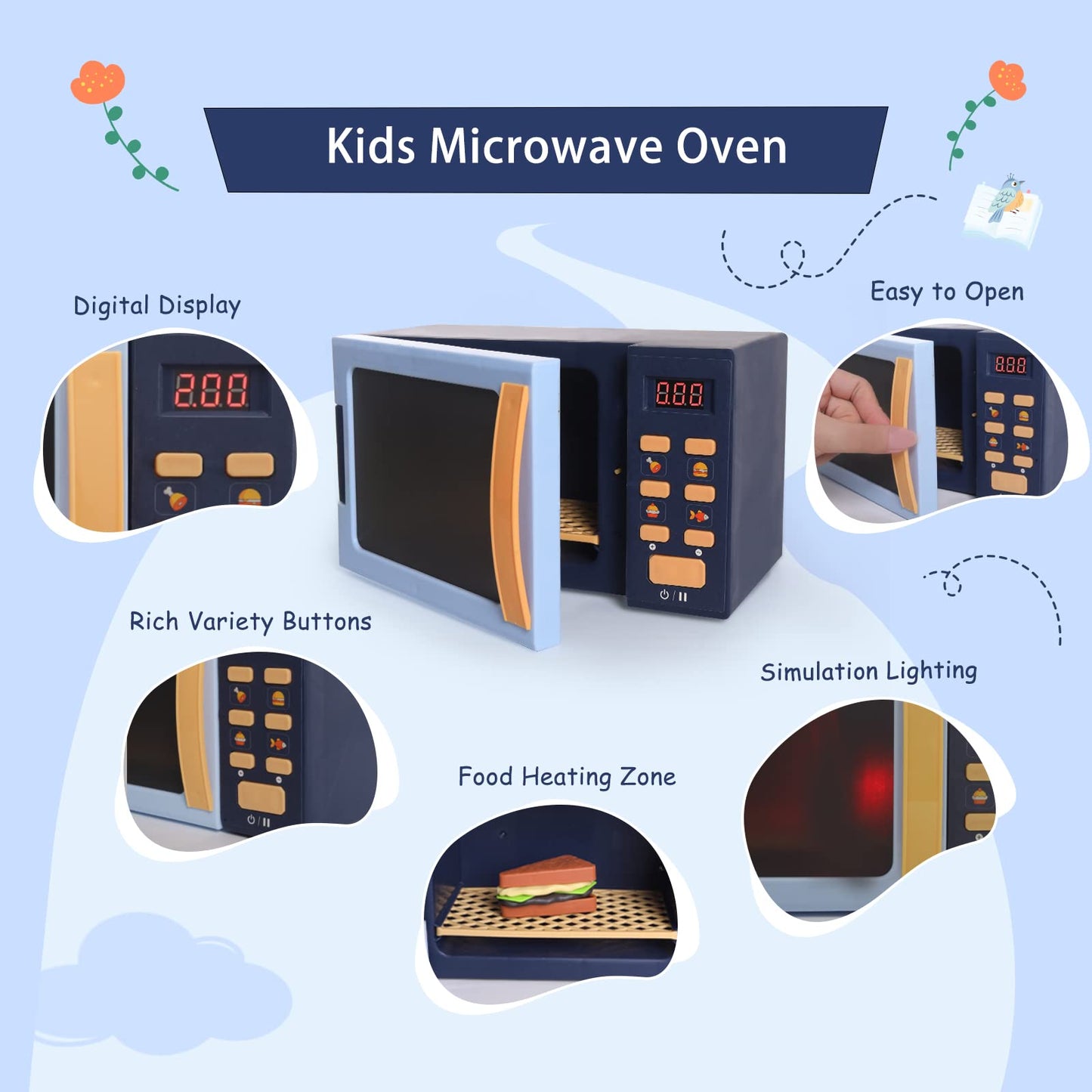 Cuterabit Kids Microwave Toy with Light and Sound – Realistic Play Kitchen for Toddlers (Blue)