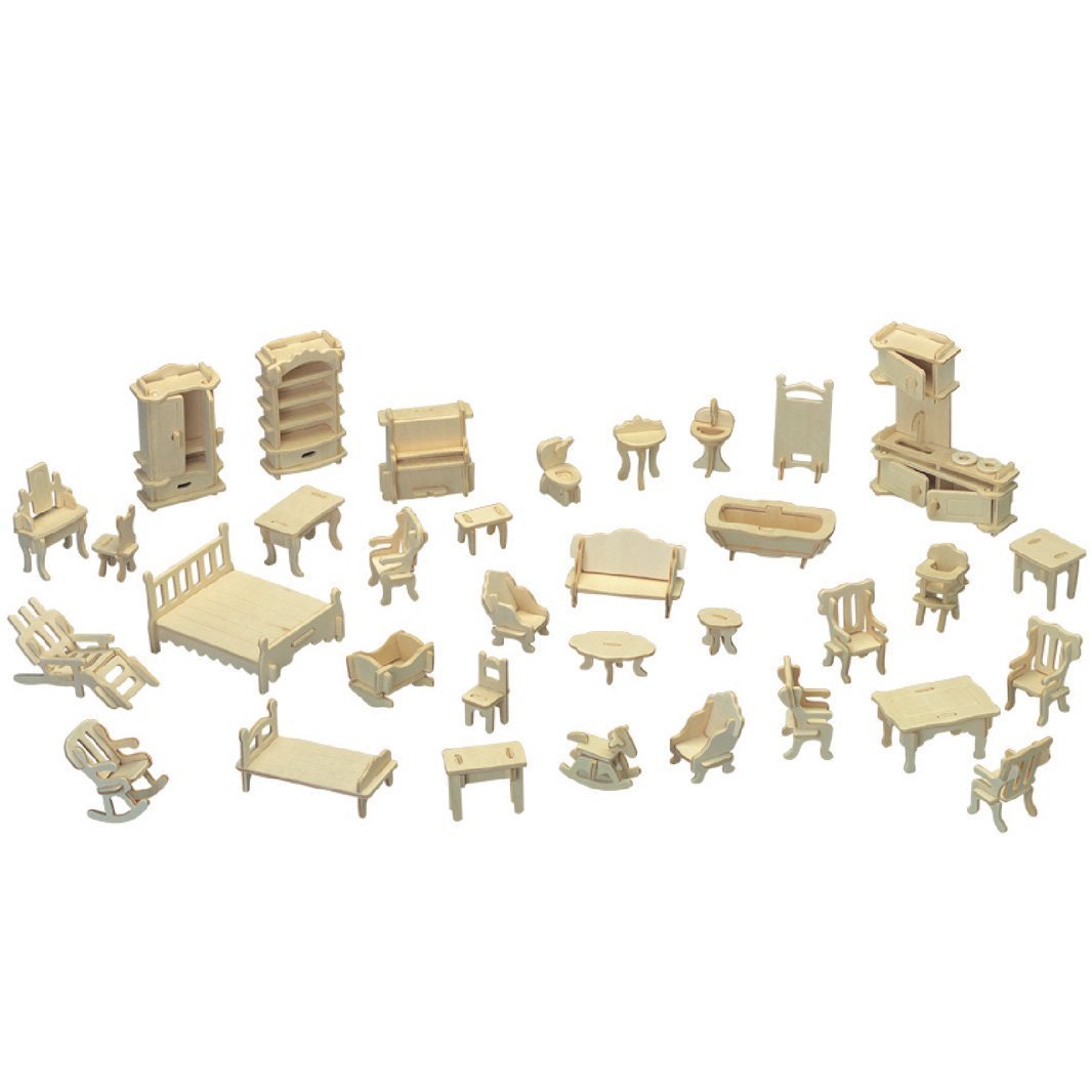 CUTEROOM Dollhouse Furniture Kit: 34-Piece Wooden Laser-Cut 3D Puzzle