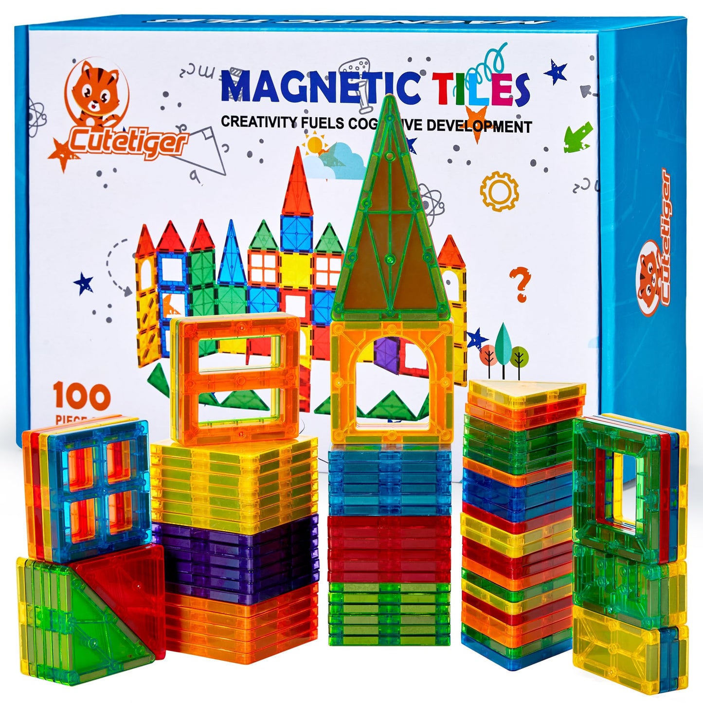 CuteTiger Magnetic Tiles – 100-Piece Square Building Set for Kids | STEM & Montessori Toys