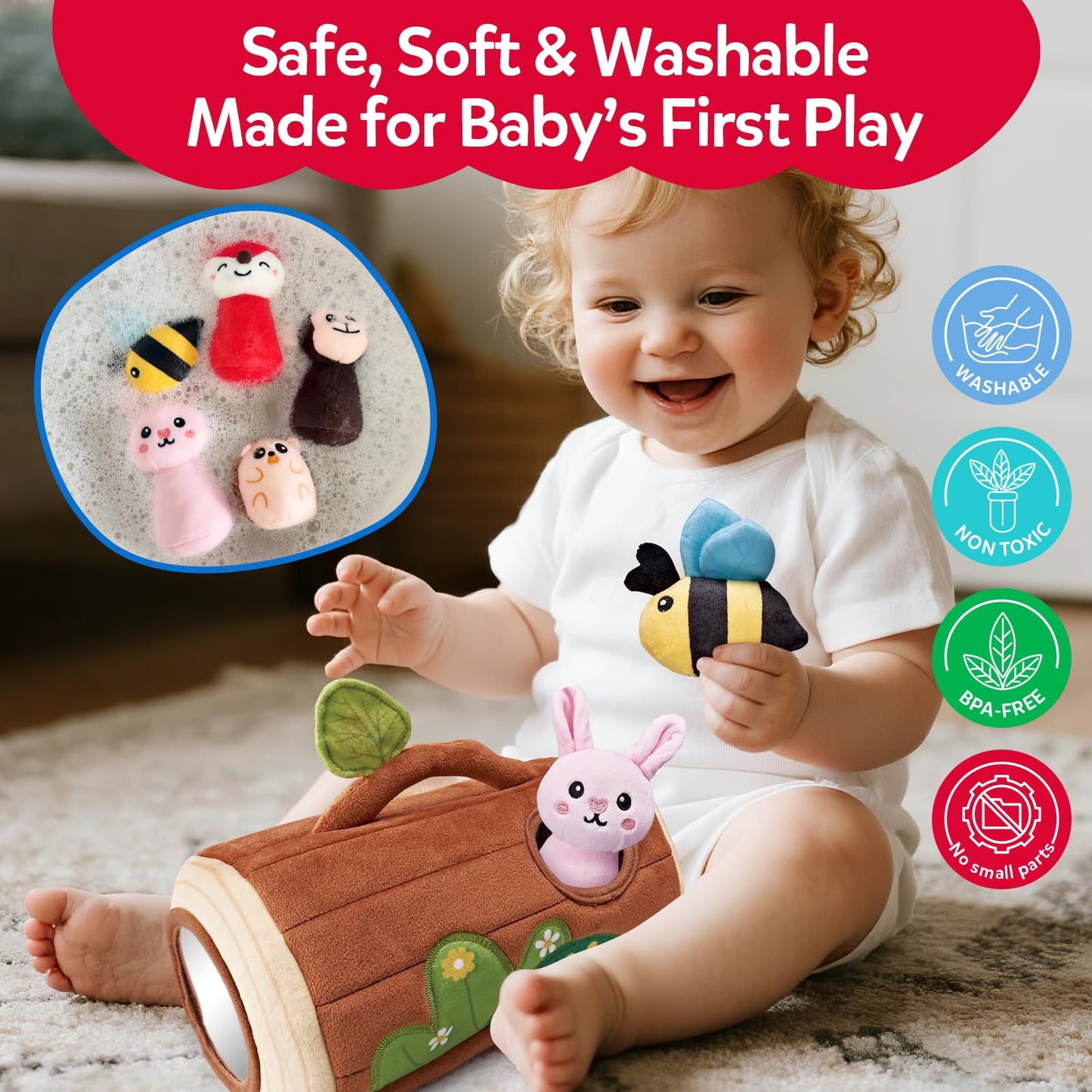 CuteZone Baby Toys 6-12 Months — Jungle Plush Sensory Set with Mirror, Rattle & Squeaker